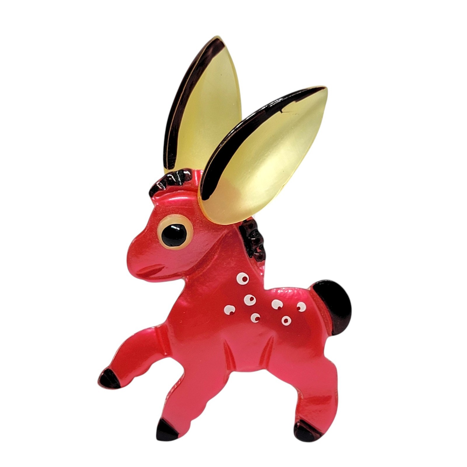 1940s Donkey Brooch Vintage Figural Pin of Cream & Red Acetate / Spun Nylon