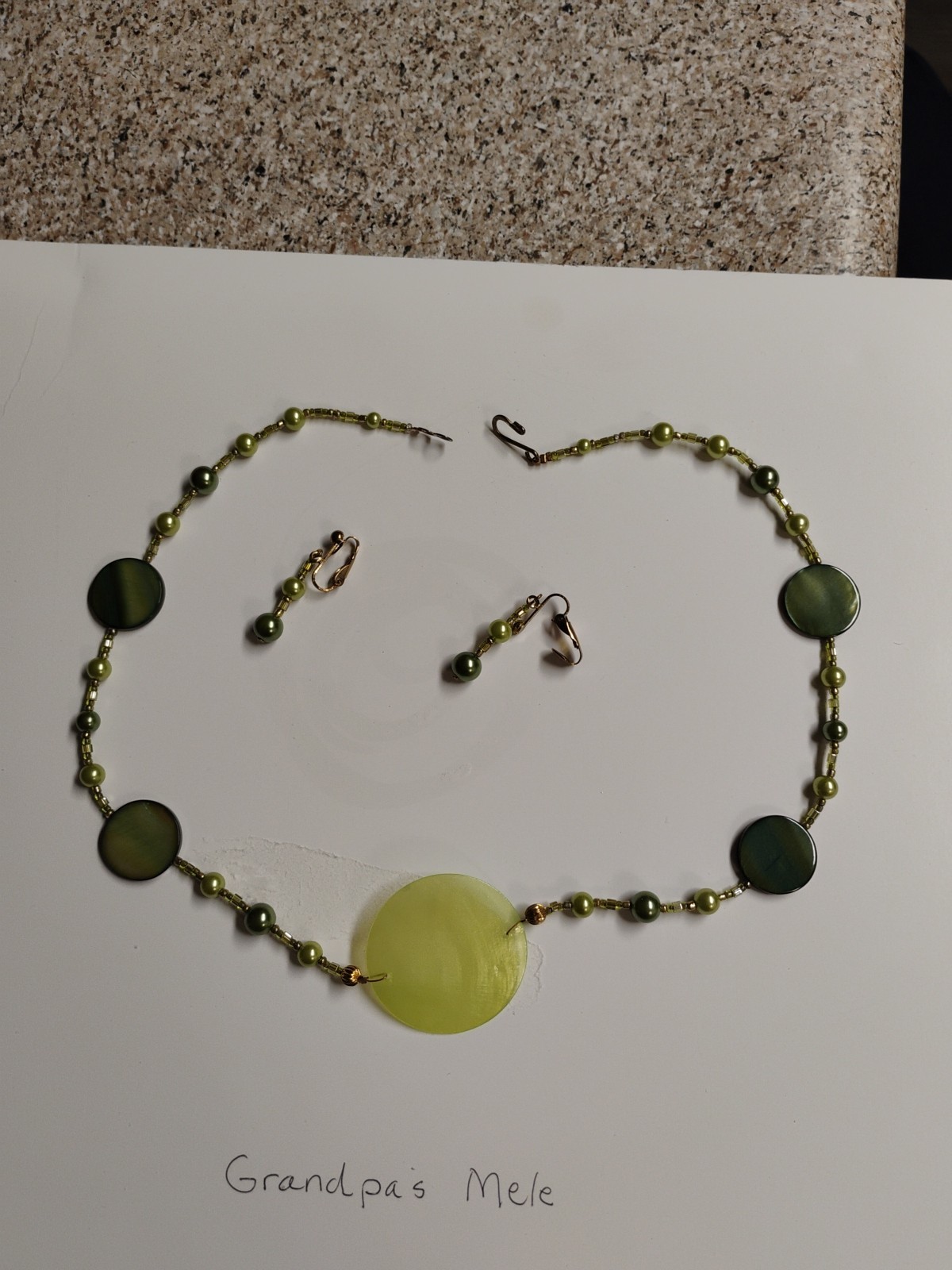 Green Shell and Green Mother Off Pearl Pendant Green Pearl 20″None Pierced Earri