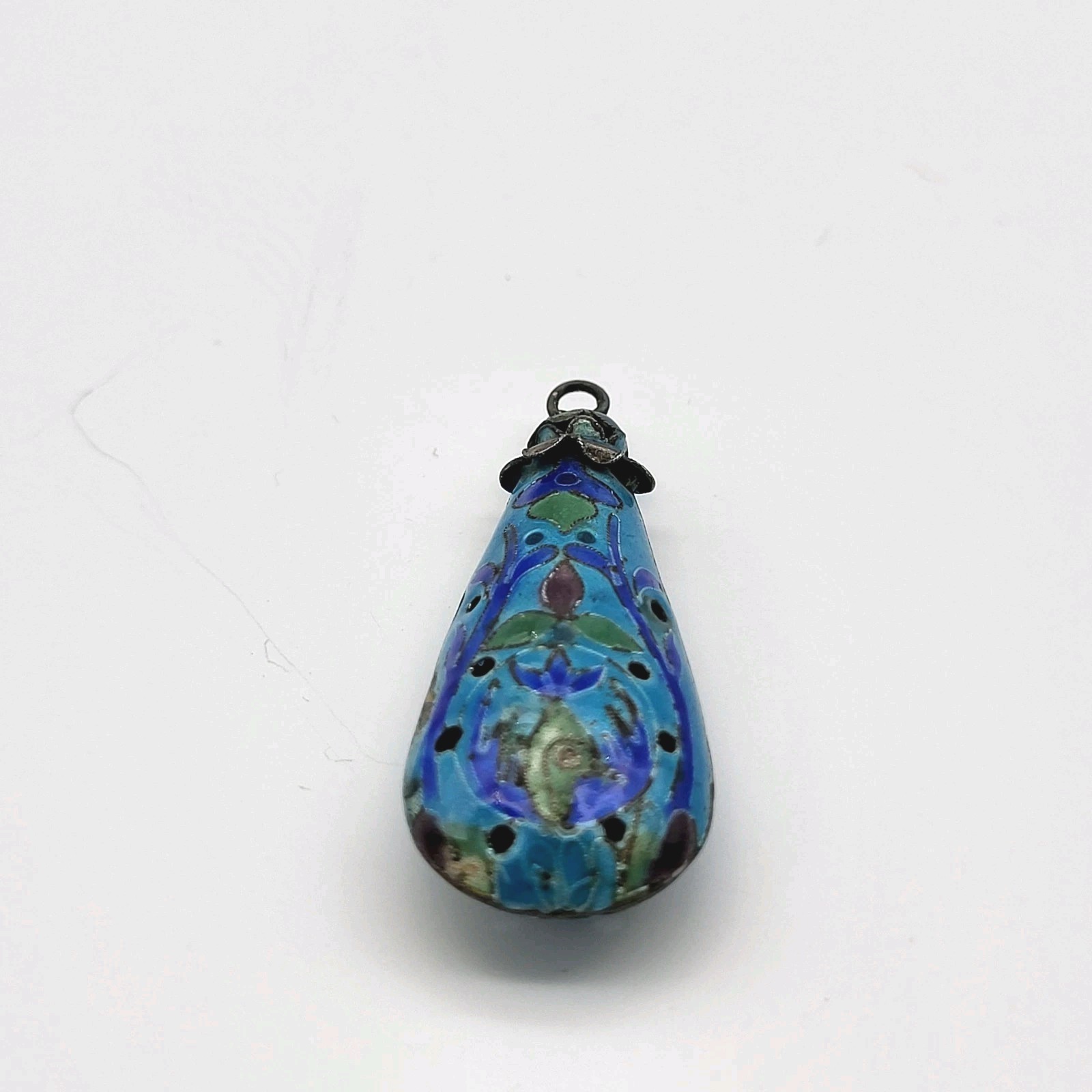 Beautiful Blue Enamel Cloissone pierced pendant Silver Chinese Export estate