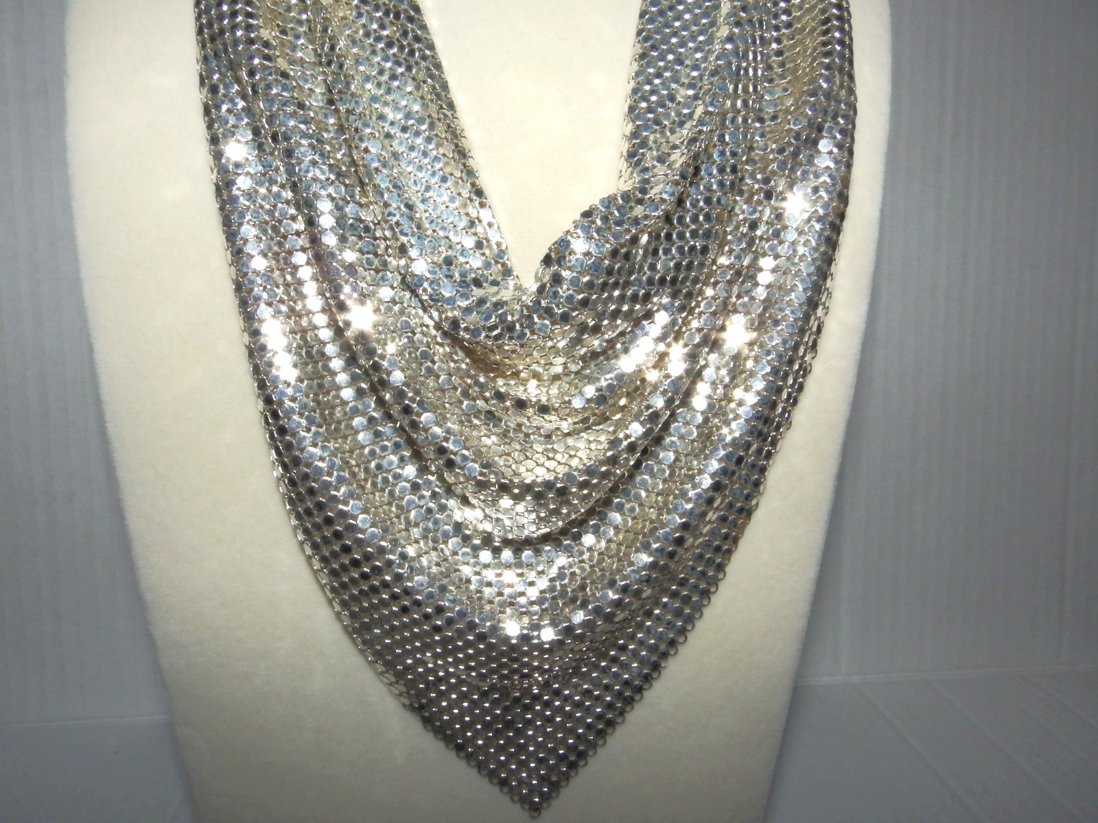 Vintage Whiting & Davis Silver Mesh Drape Bib Chain Scarf Necklace
