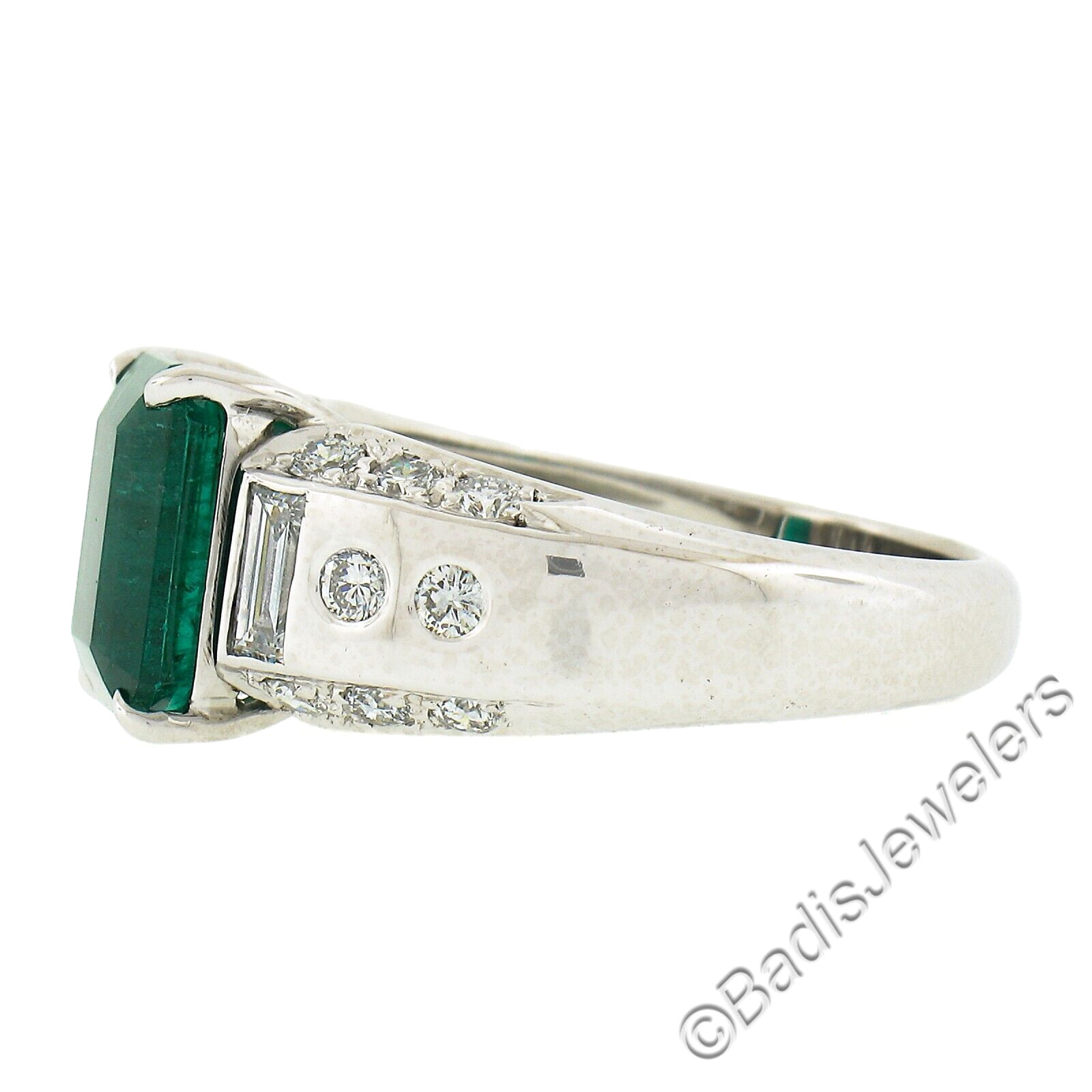 Platinum 3.67ctw GIA Octagonal Green Emerald w/ Baguette & Round Diamond Ring