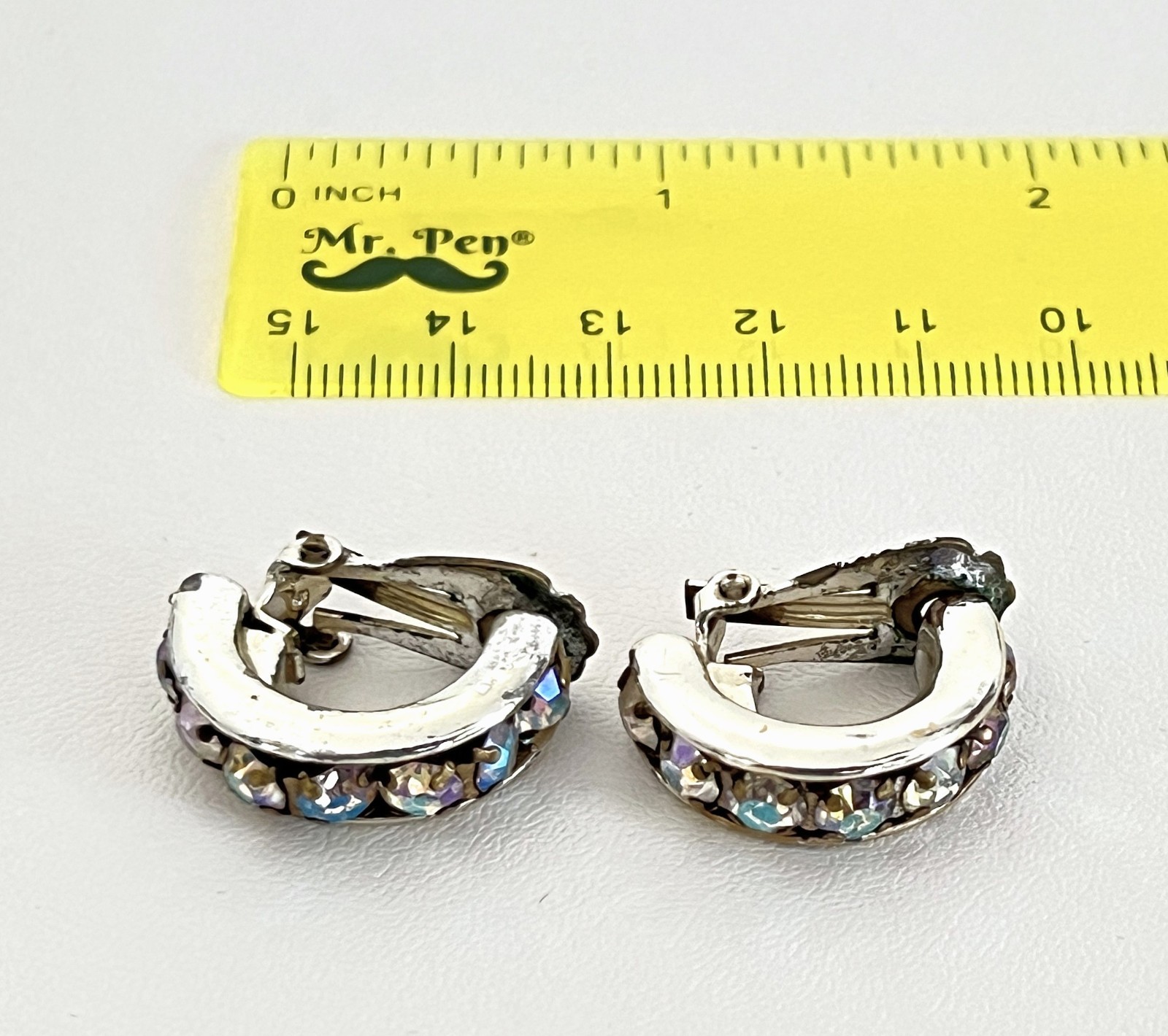 JJE205 Silver Plate Semi Circle Clip On Earrings w Colored zircons VTG