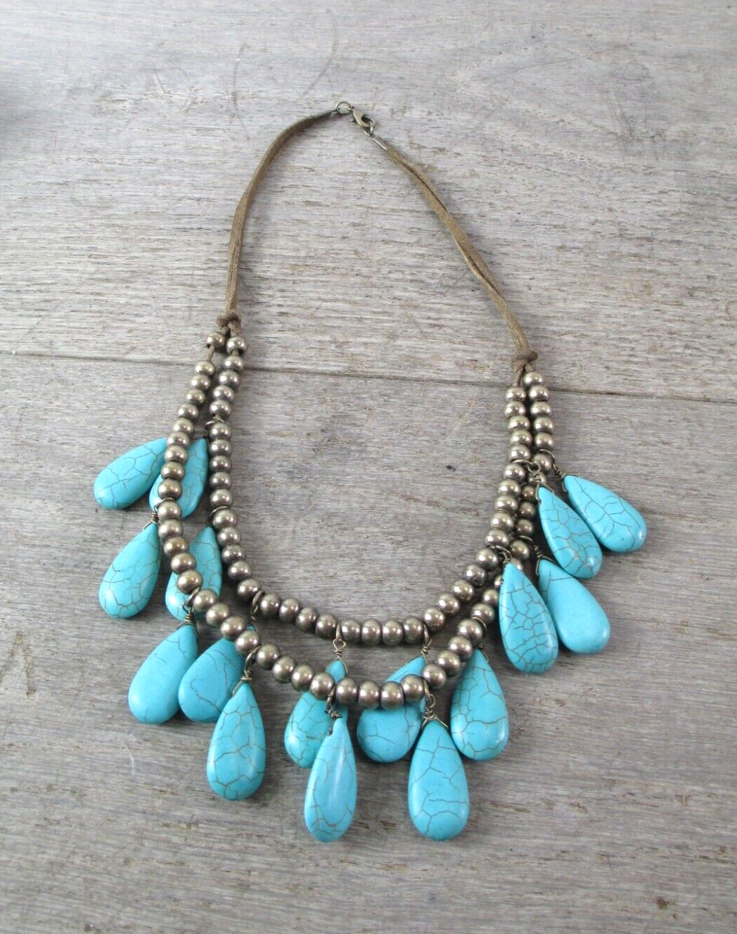 Vintage Faux Turquoise Teardrop Multi Strand Necklace Costume Statement 20” VTG