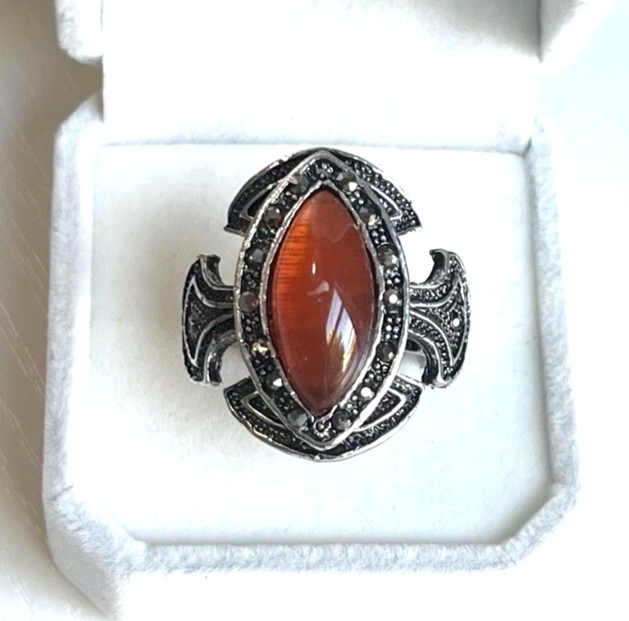 Vintage Carnelian & Marcasite Cross-Shaped Statement Ring Size Adjustable