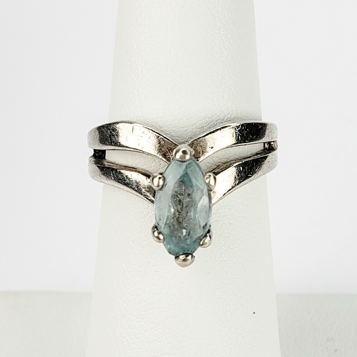 Baby Blue Topaz Marquise Cut Solitaire Sterling Silver Cocktail Ring Size 5.75