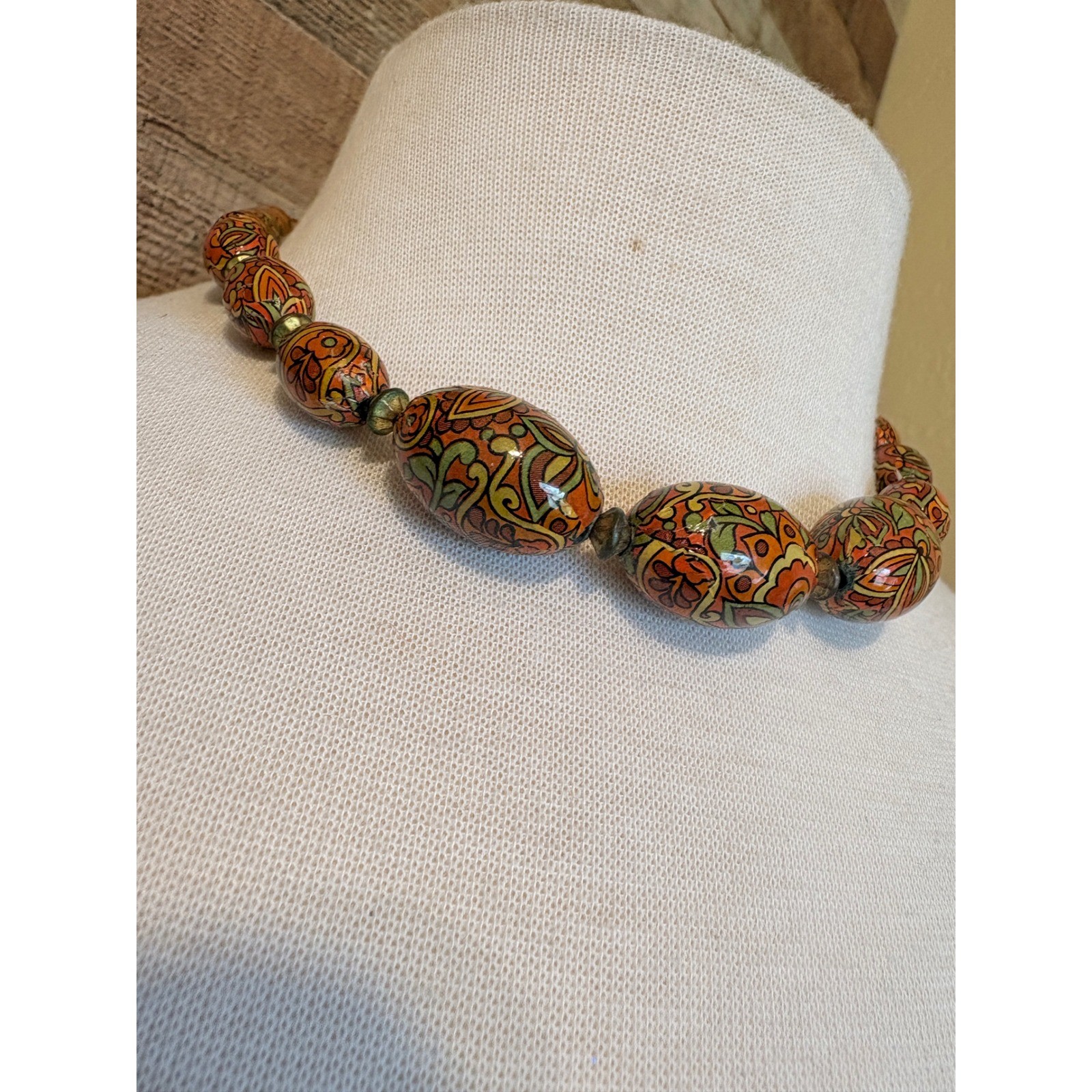 Faceted & Fancy Beads West African Floral Bead Necklace Orange Vintage 17in