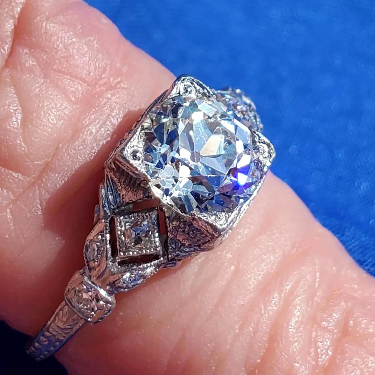 Original EARTH MINED DIAMOND Deco Engagement Ring 1.5 Antique Platinum Solitaire