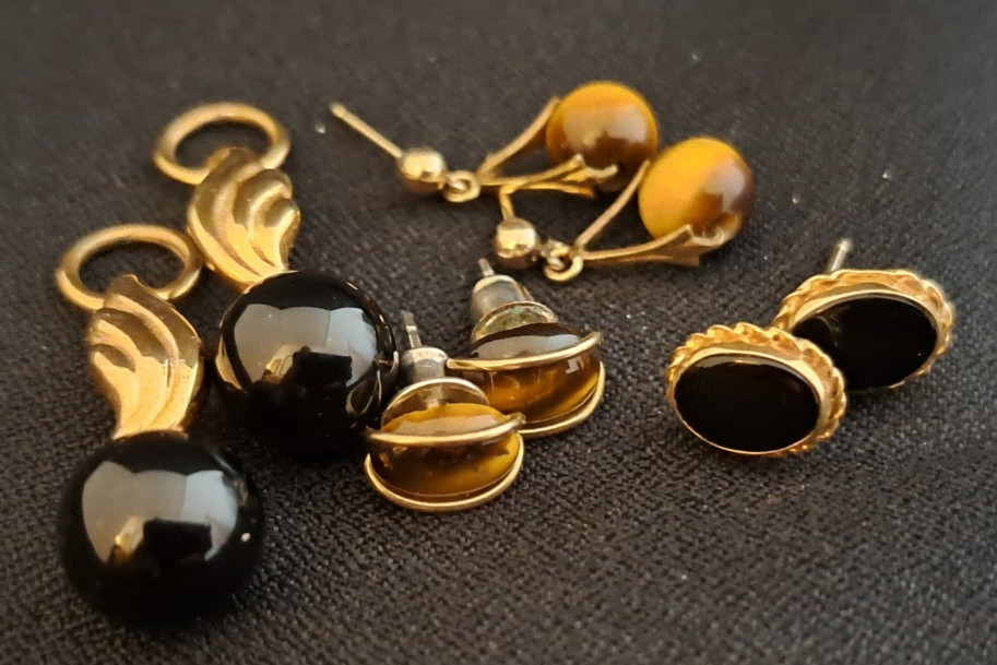 Vintage Tiger’s Eye and Onyx Black Glass Post Earrings & Earring Dangles Lot