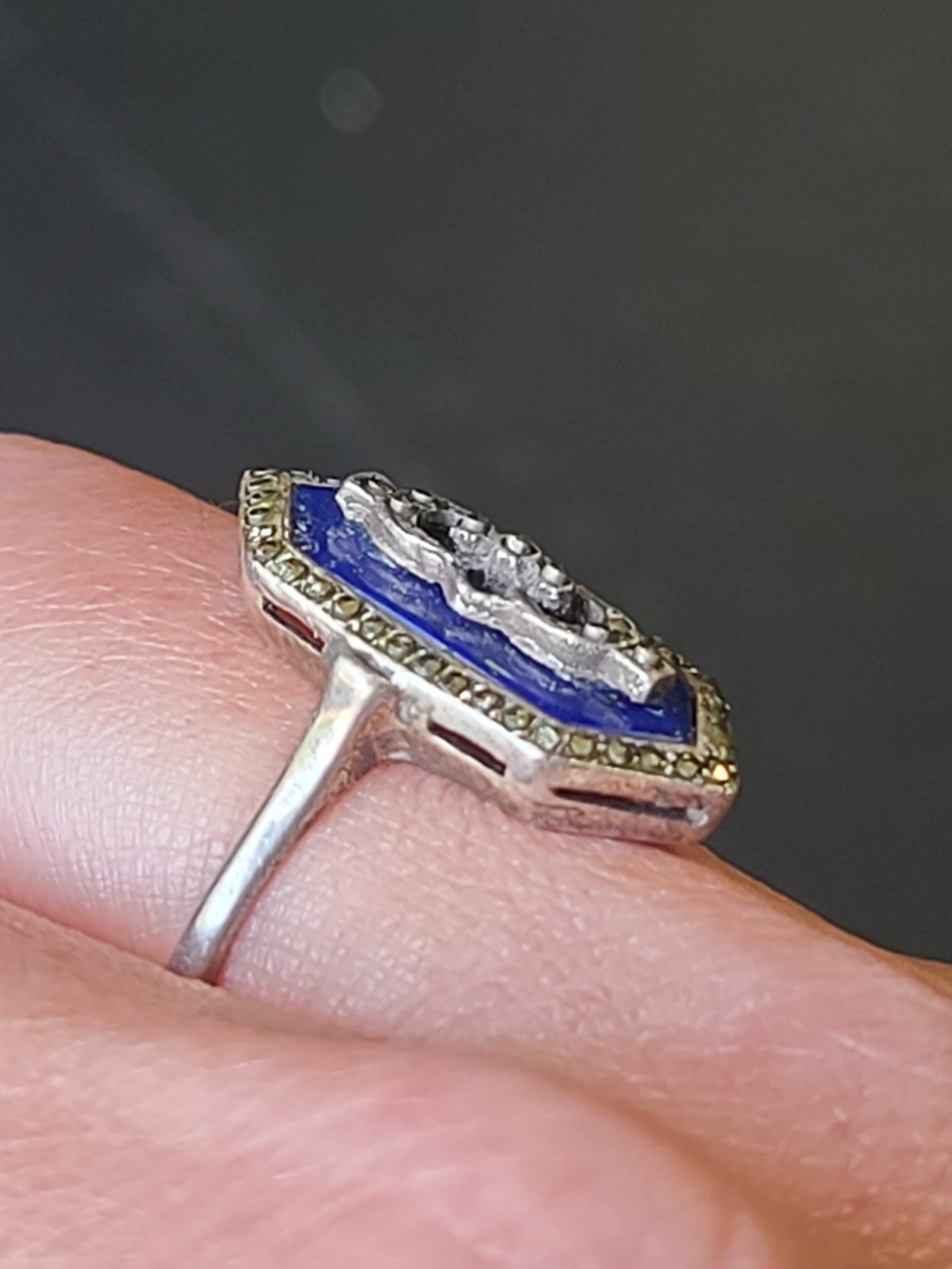 Fancy Antique VTG Art Deco Sterling Silver Lapis Lazuli Marcasite Ring Size 8
