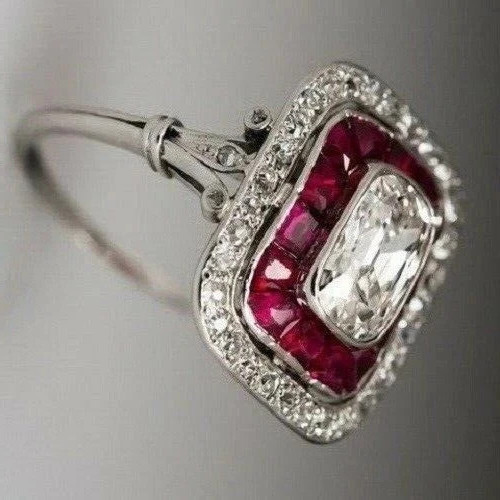 Art Deco Style Lab Created Diamond & Ruby Engagement 14K White Gold Finish Ring
