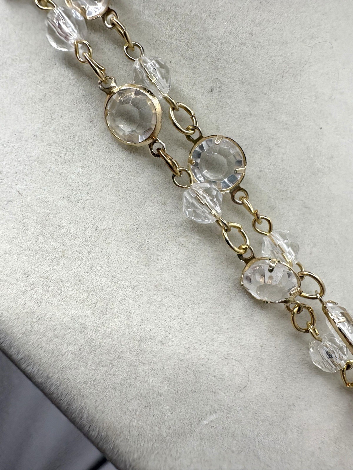 Gold Tone Bezel Set Acrylic Crystal Long Necklace VTG NOS 50”