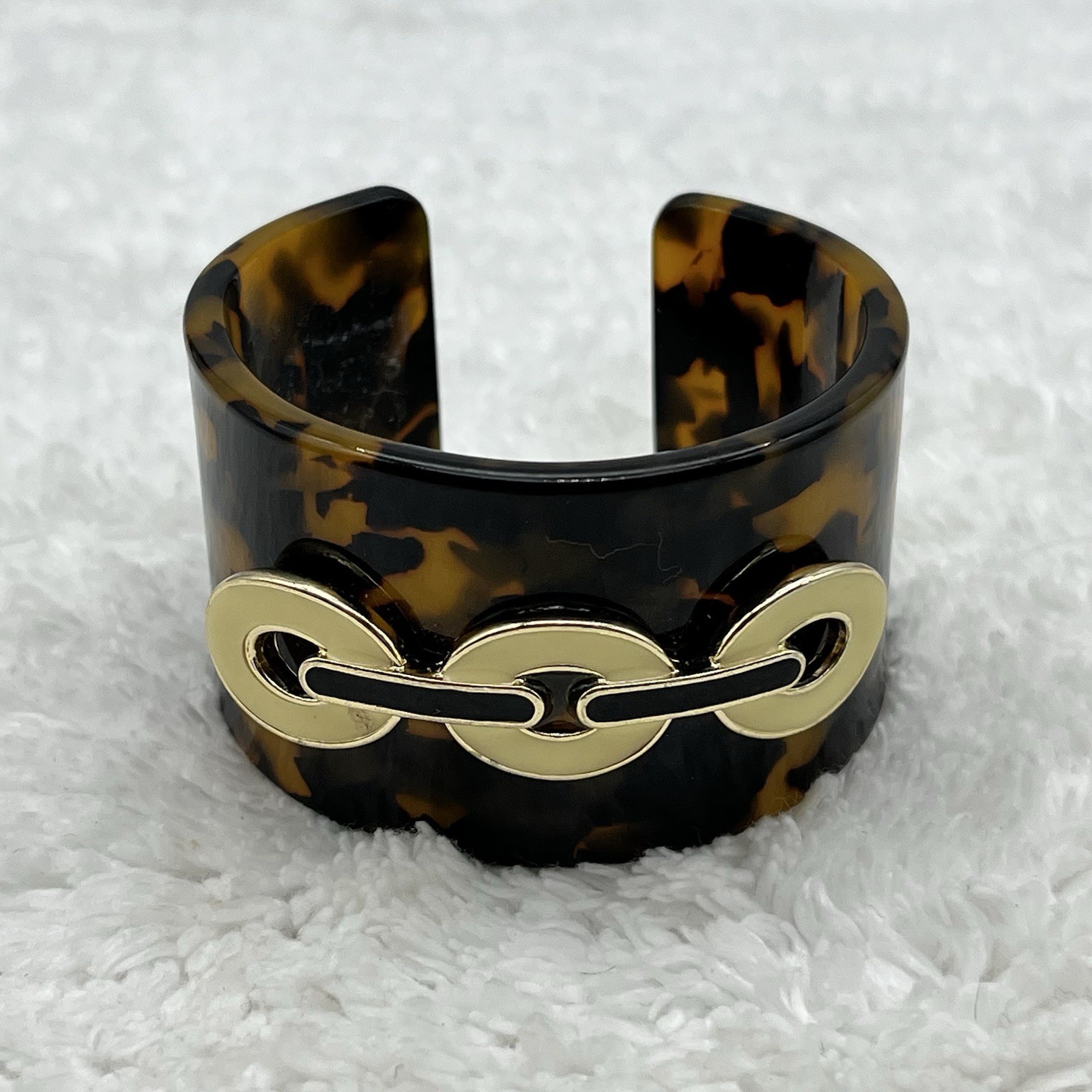 Vintage Faux Tortoise Lucite Cuff Bracelet Enamel Chain Wide Bangle SMALL