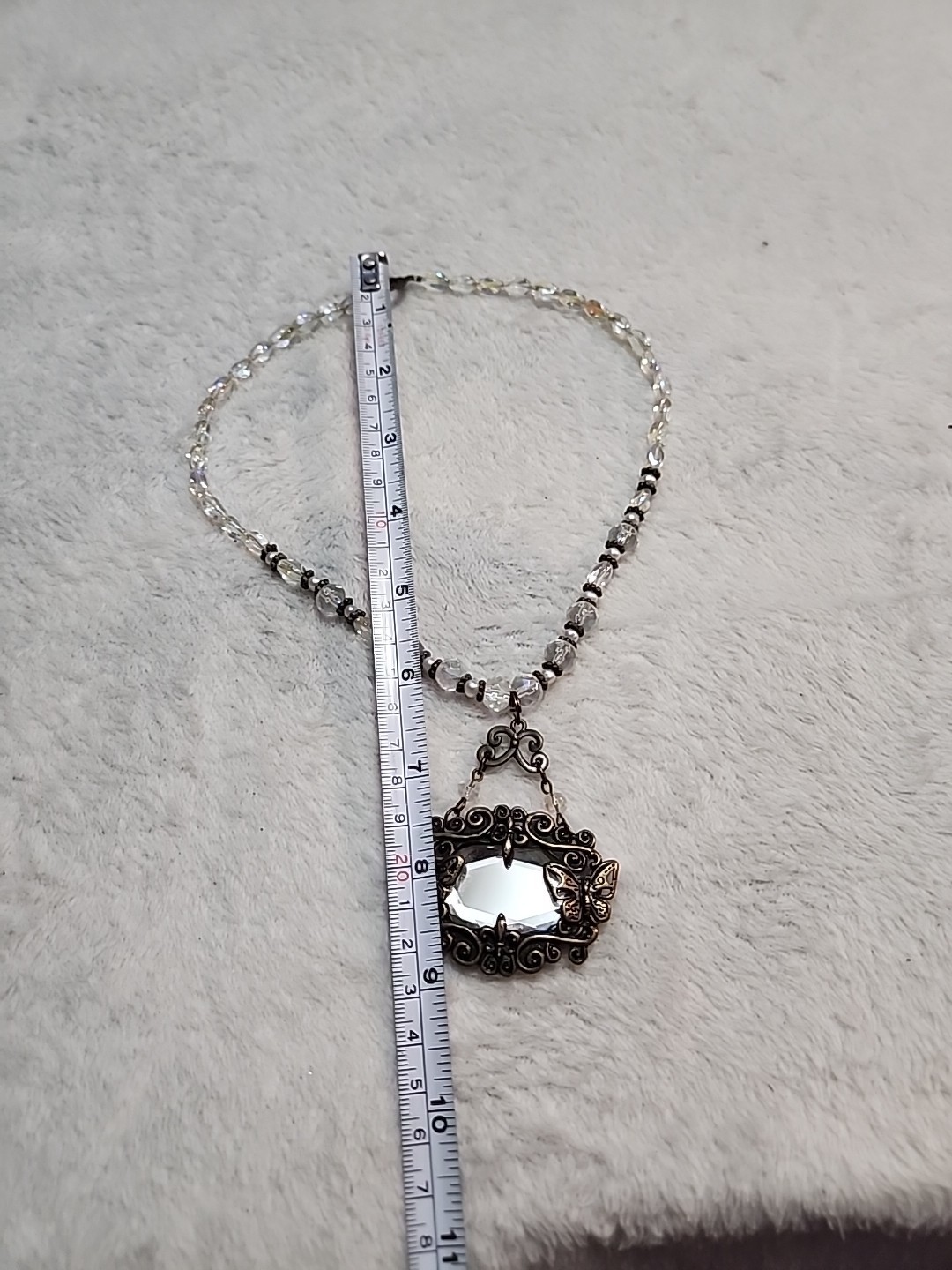 Fairycore Beaded Necklace w/ Mirror Pendant Bronze Color Plastic Beads