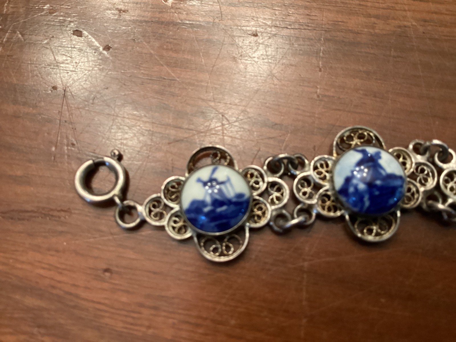 Vintage 835 Silver Filigree Delft Holland Blue Porcelain Windmill Bracelet