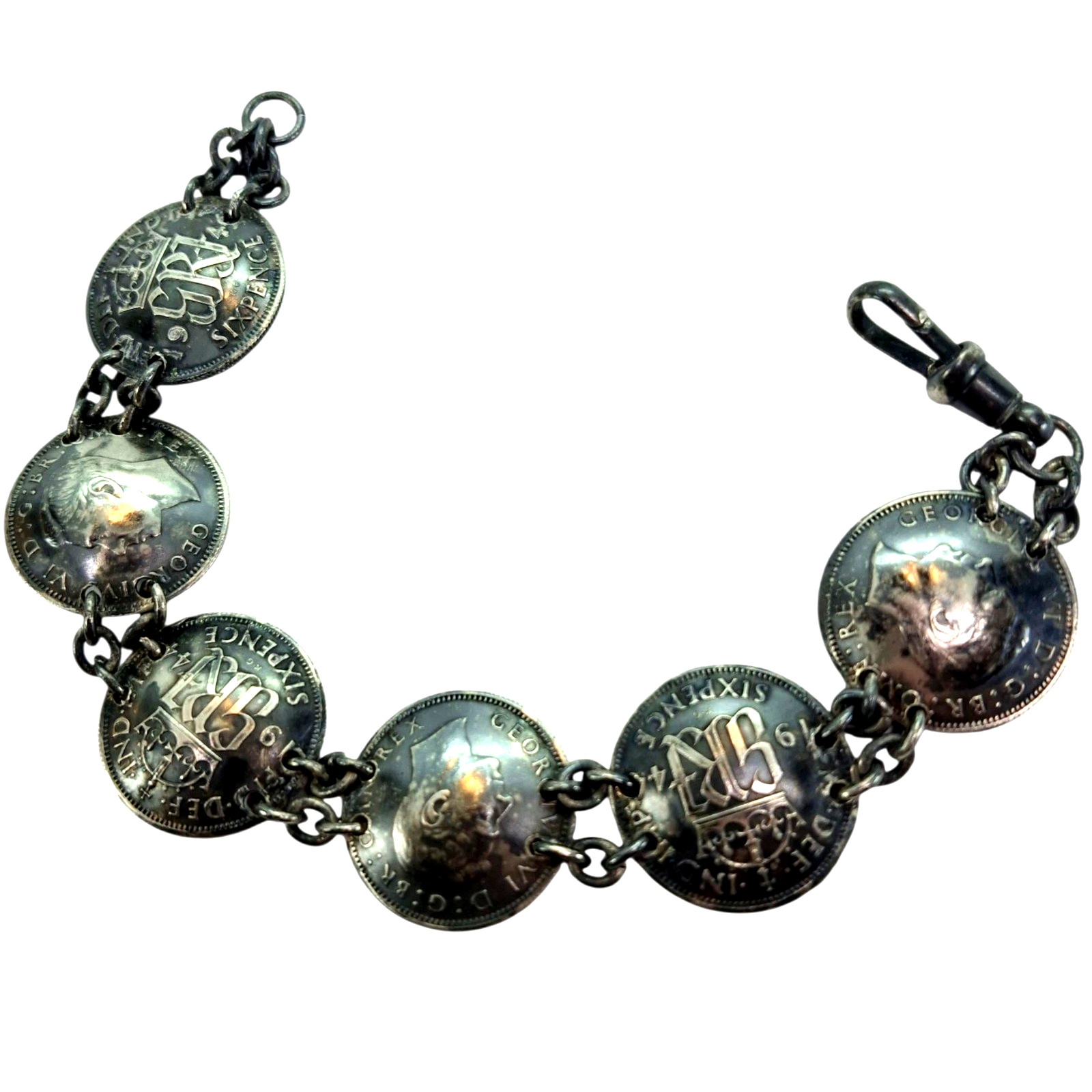 Vintage Silver 6 Pence Coin Bracelet 1944 UK British Souvenir Heavily Tarnished