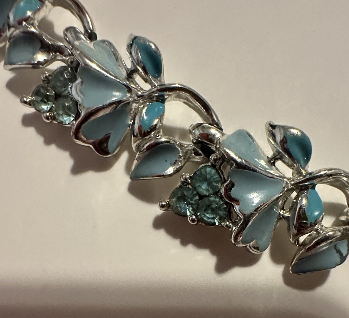 Coro Vintage Signed Pegasus Blue Enamel Rhinestones Floral Necklace Choker