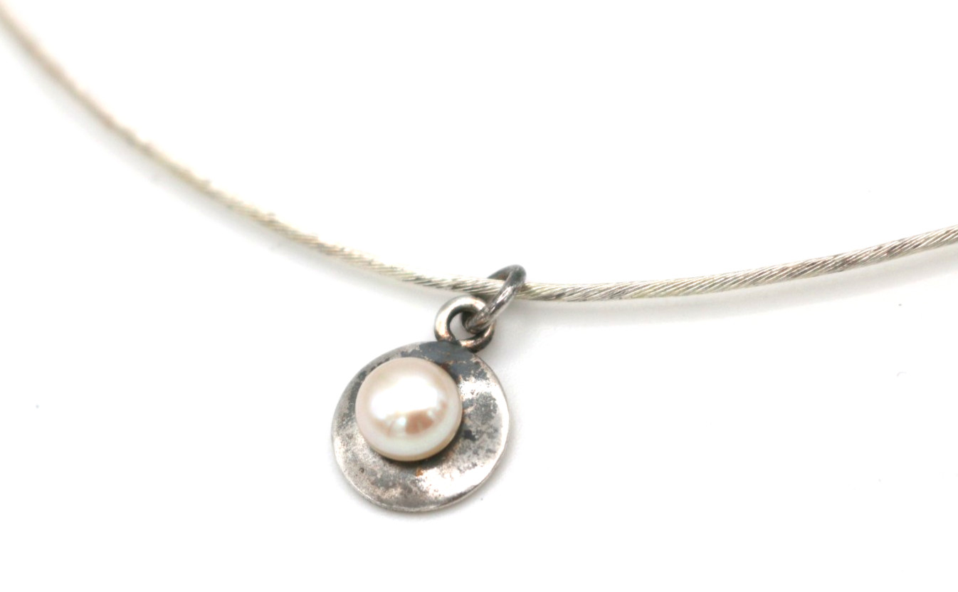 VTG Modernist Sterling Silver 925 Wire Collar Choker Necklace w/ Pearl Pendant