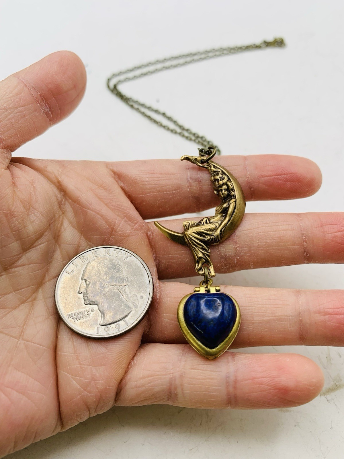 Vintage Style Goddess Crescent Moon Blue Lapis Lazuli Mini Heart Locket Necklace