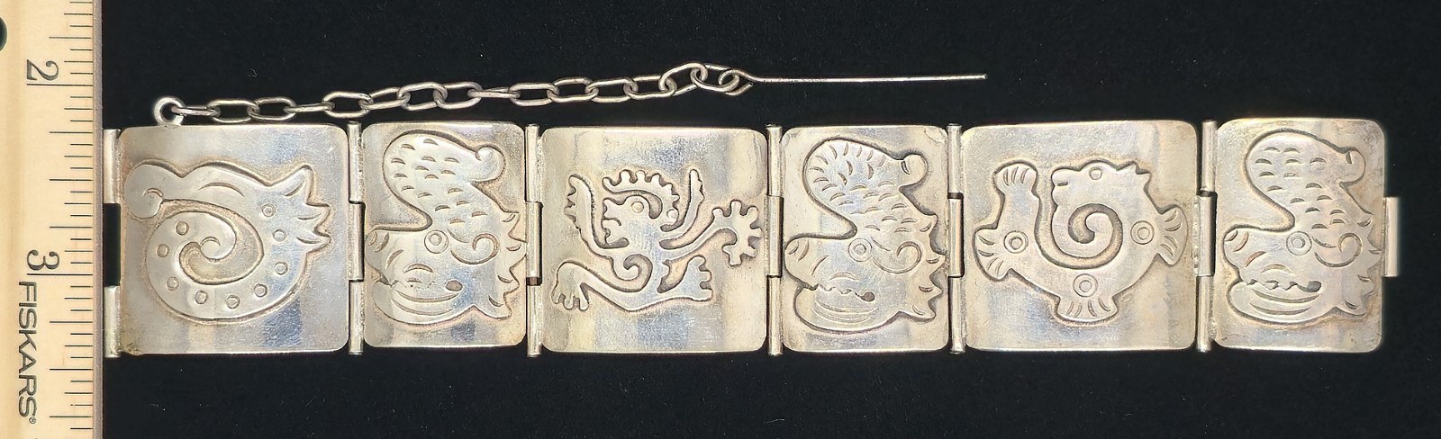 Vtg Sterling Silver Mexico Tribal Warrior Dragon Mythical Creature Bracelet