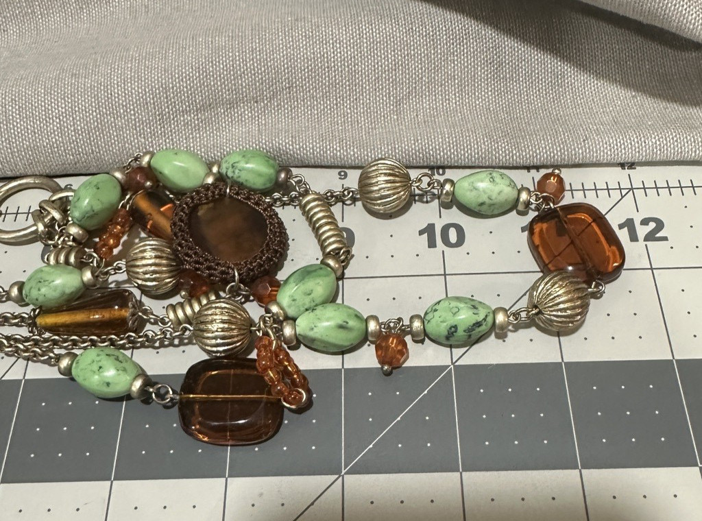 Liz Claiborne Multi Strand Statement Necklace Orange Green Light Gold Tone 18″