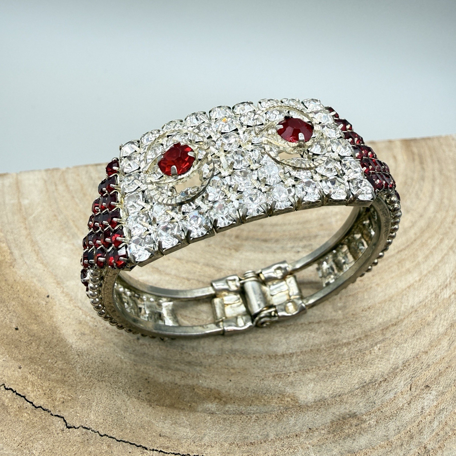 Vintage Red & Clear Rhinestone Hinged Cuff Bracelet Unmarked Red Bracelet
