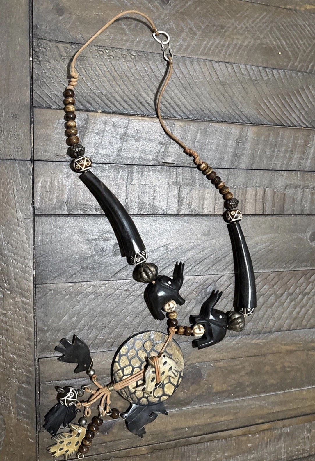 Vintage African Safari Animal Statement Necklace Boho Tribal Wood Jewelry India