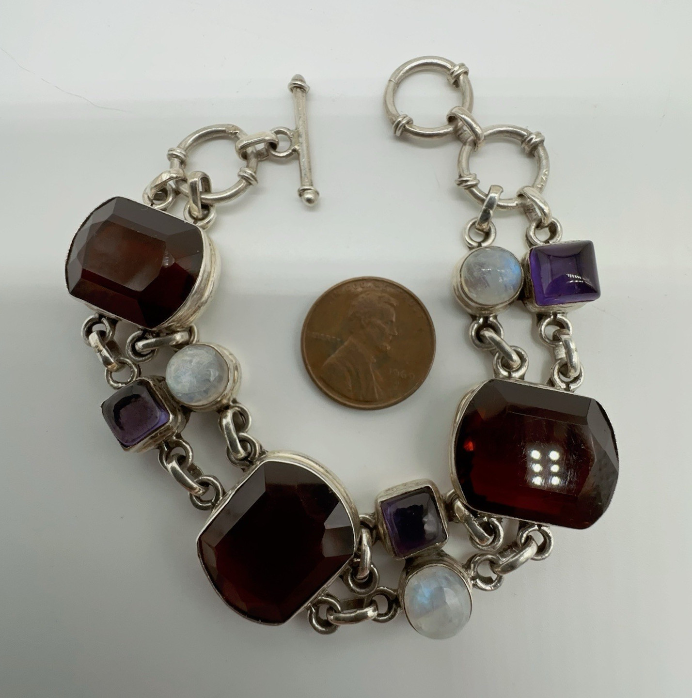 Sterling Silver Amethyst Moonstone & Glass Link Bracelet 37.1g #yes