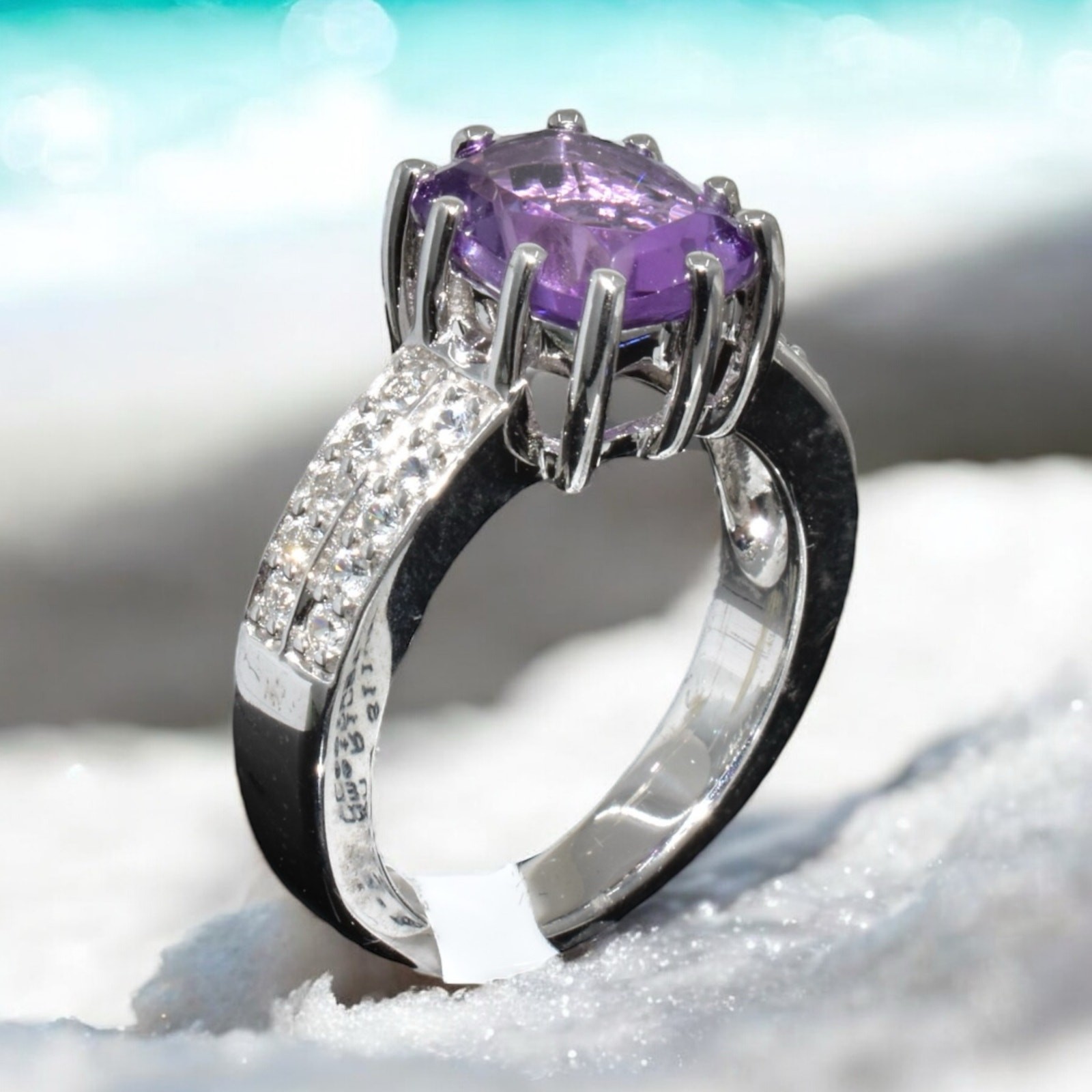 Genuine Amethyst Created Sapphire Ring 925 Sterling Silver US Size 7