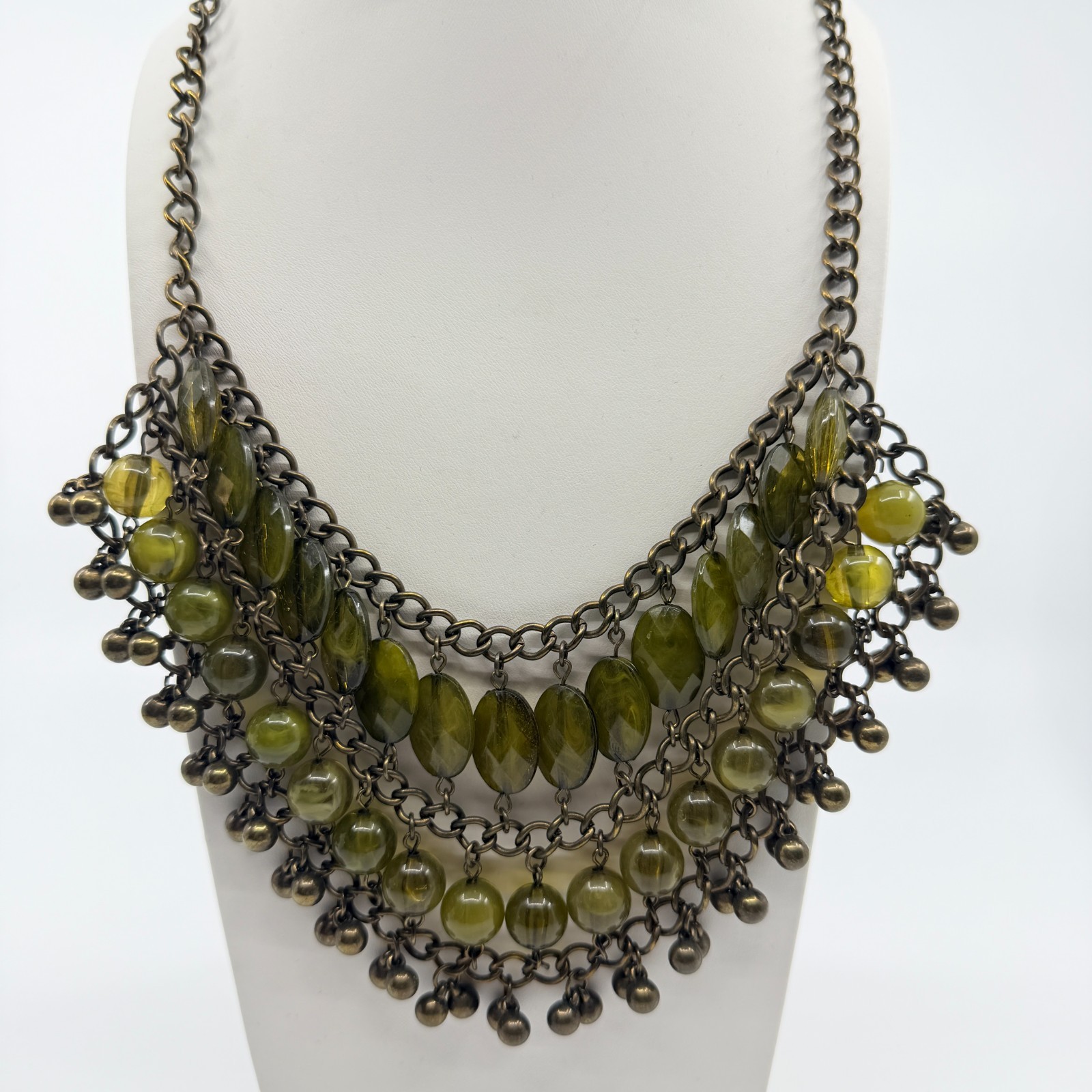 Vintage Bronze Tone Multi Strand Bib Necklace Chunky Statement Green Bead Boho