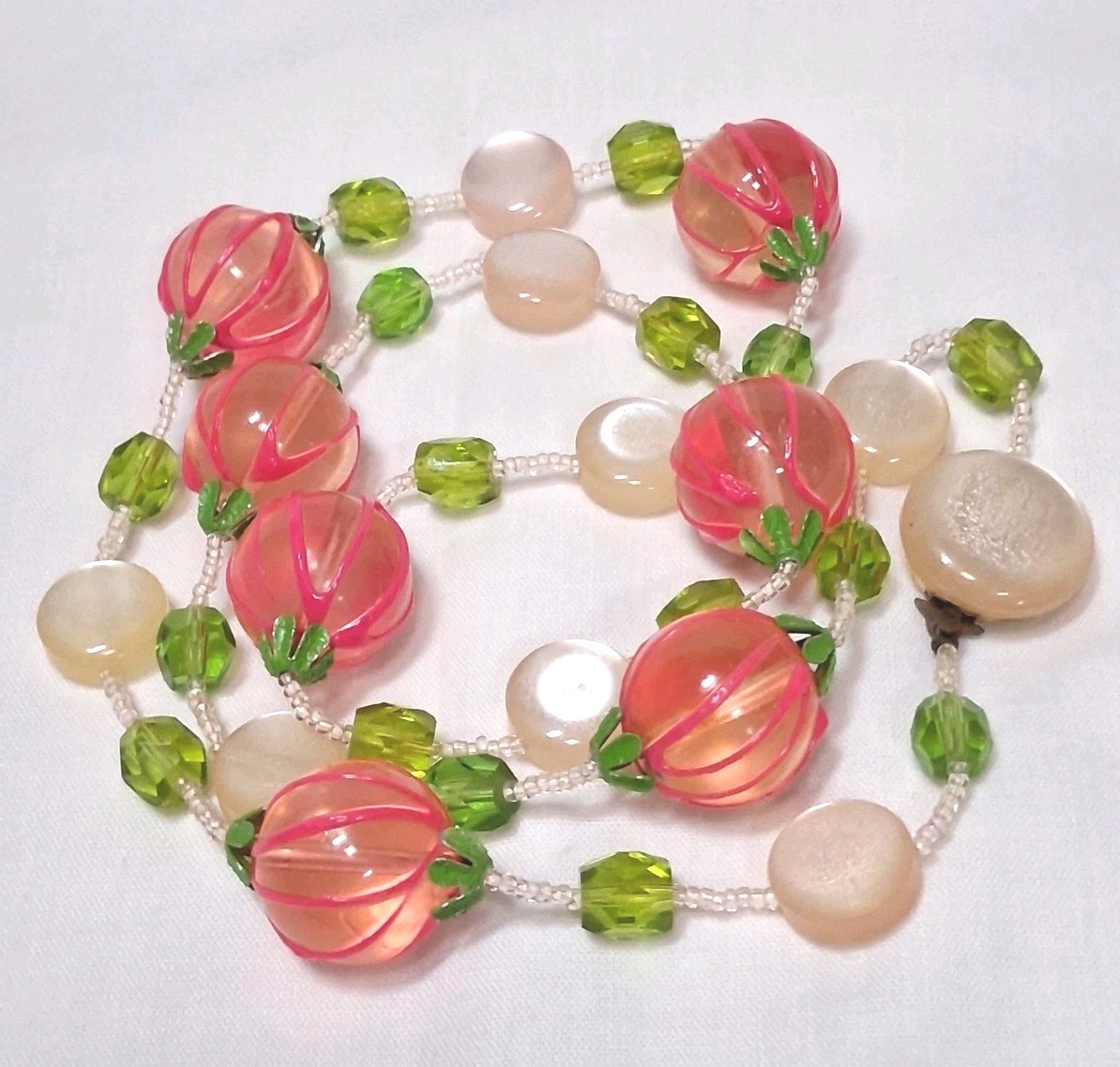 VTG Fruit Japan Necklace Pink Lucite/Acrylic beads And Green MELON BALLS