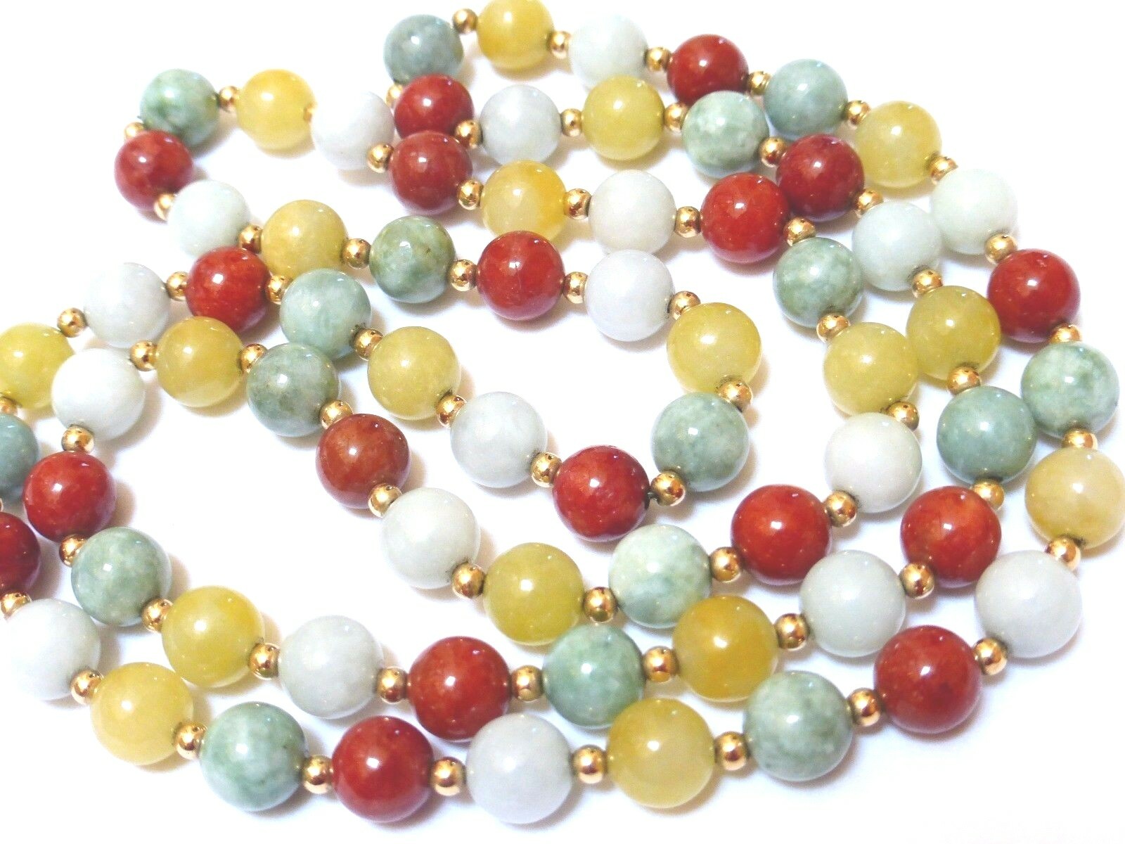 Vintage Chinese 14K Solid GOLD Multi-Color Jade 8mm Beads Necklace 28″, no clasp