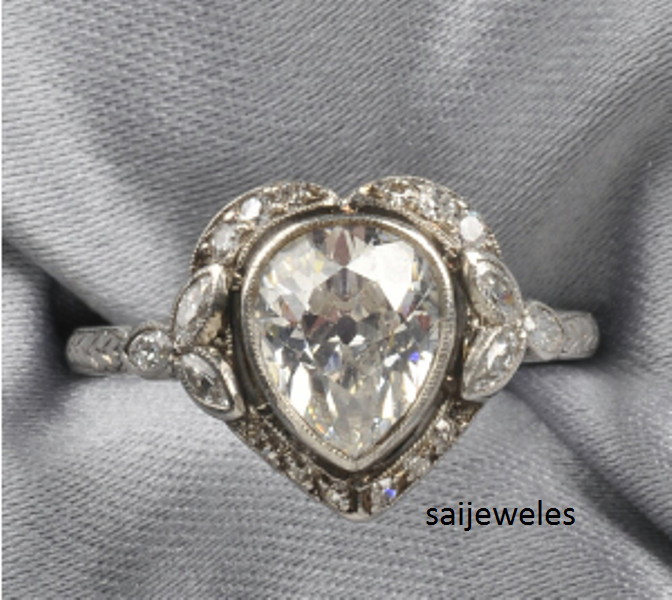 3CT Pear Lab-Created Diamond Vintage Heart Shape Art Deco Ring 14K White Gold FN