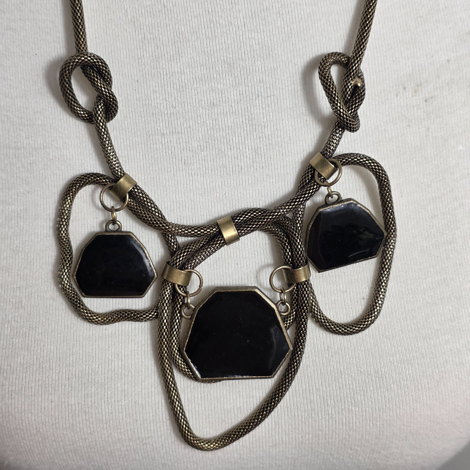 Brass-Tone Statement Necklace Thick Mesh Chain Geometric Rein Black Pendants