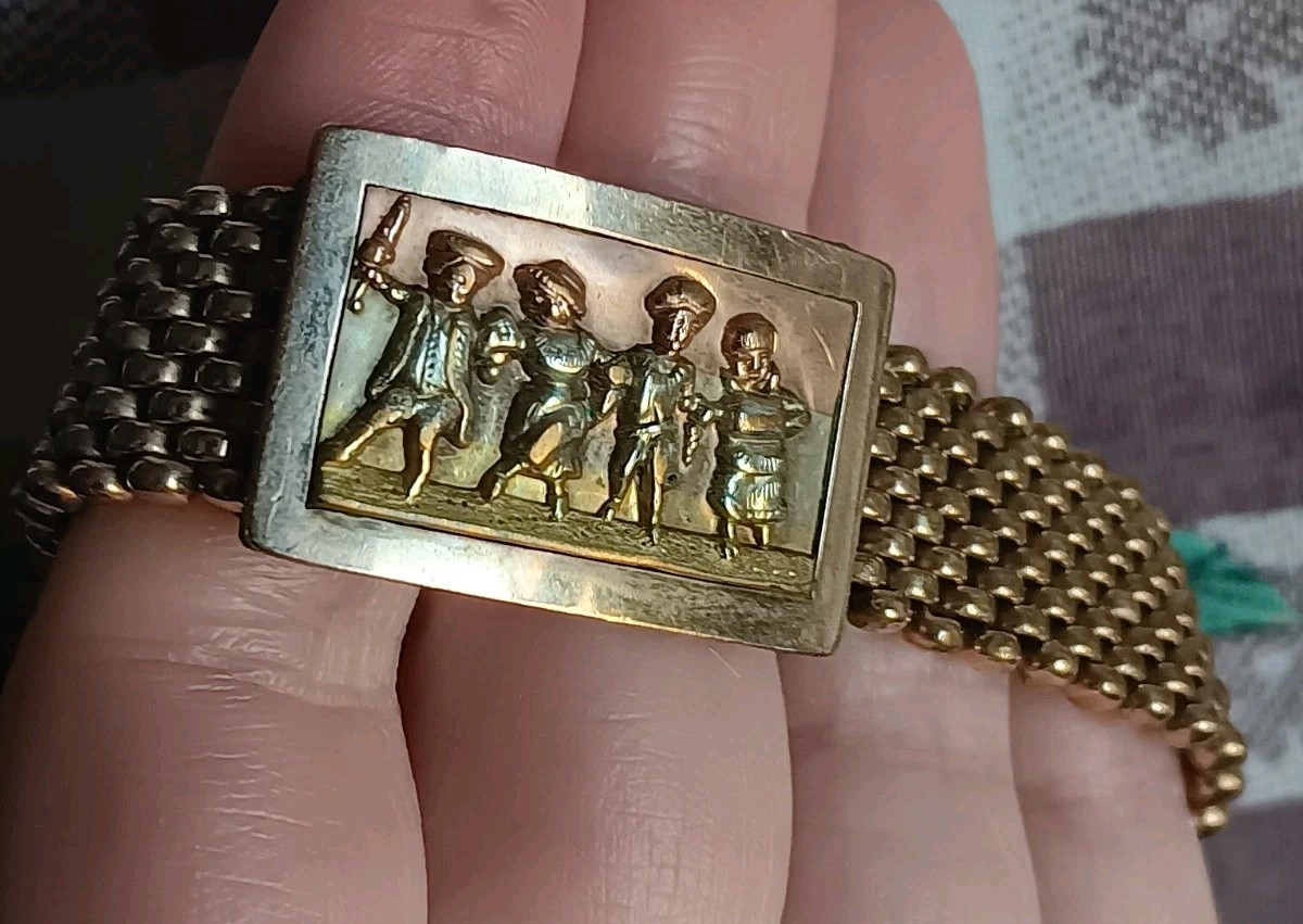 Antique *Damaged* Brass Mesh Link Bracelet Rectangle Clasp People Scene 7″