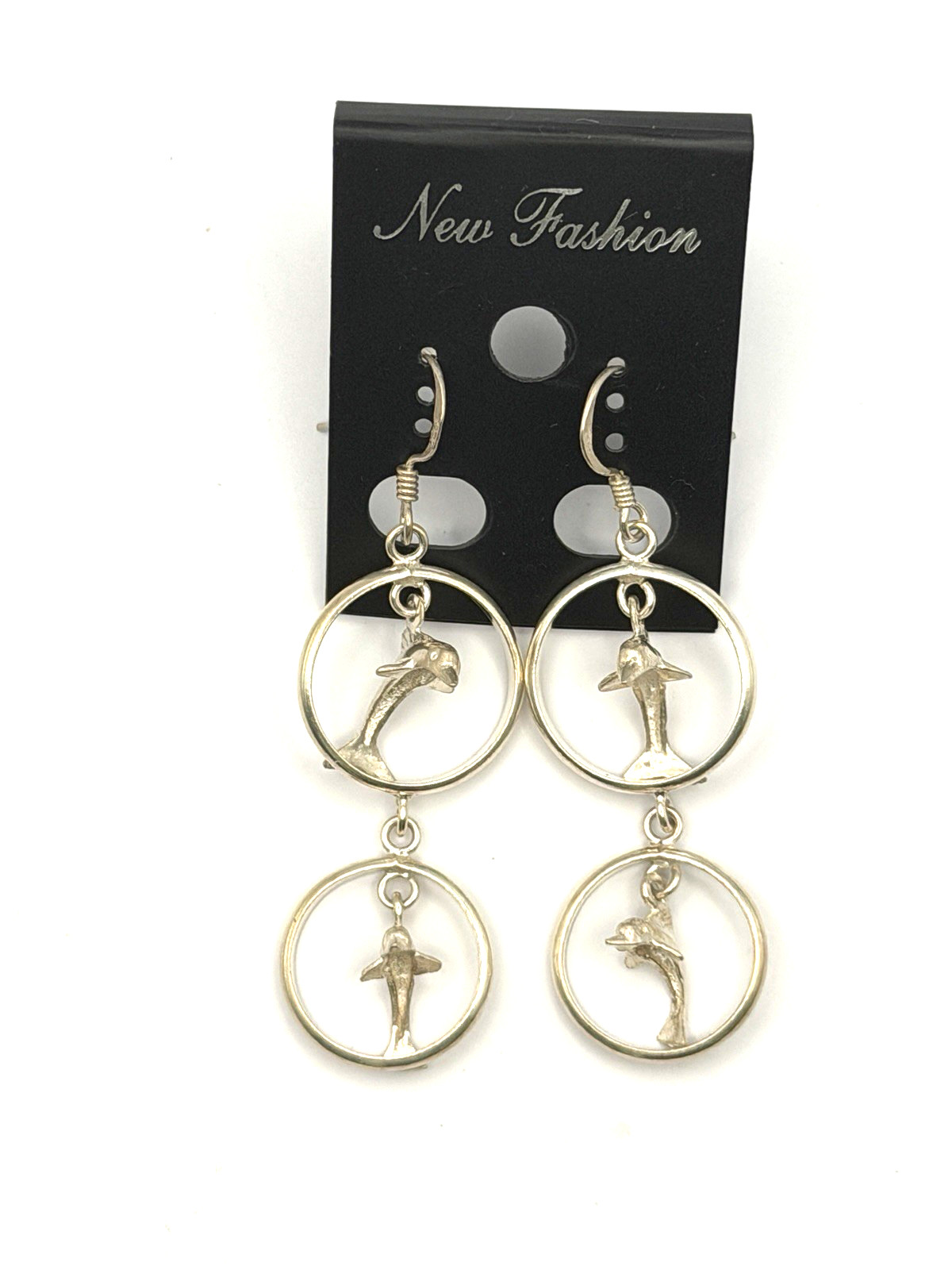 Vintage Sterling Silver Dangle Hoops with Dolphins Pierced Earrings