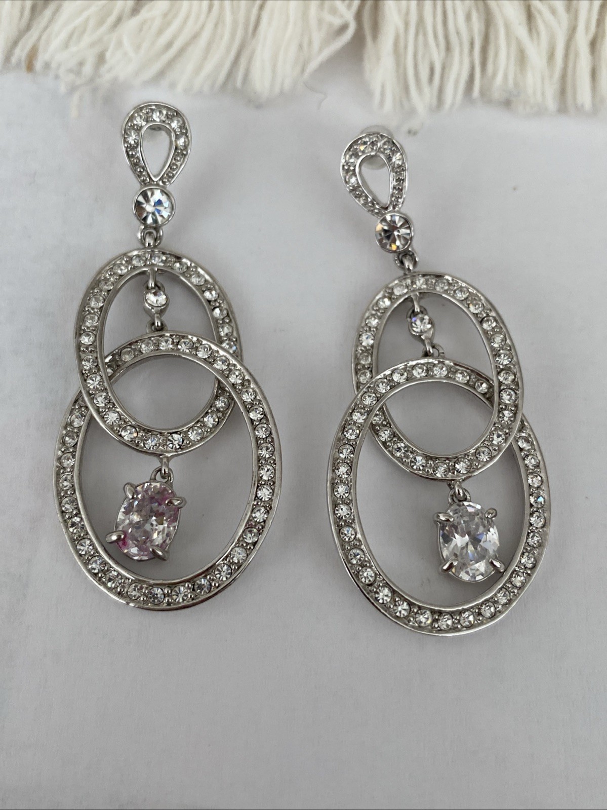 Vintage Nolan Miller Glamour Rhinestone Dangle Pierced Earrings 2 1/4”
