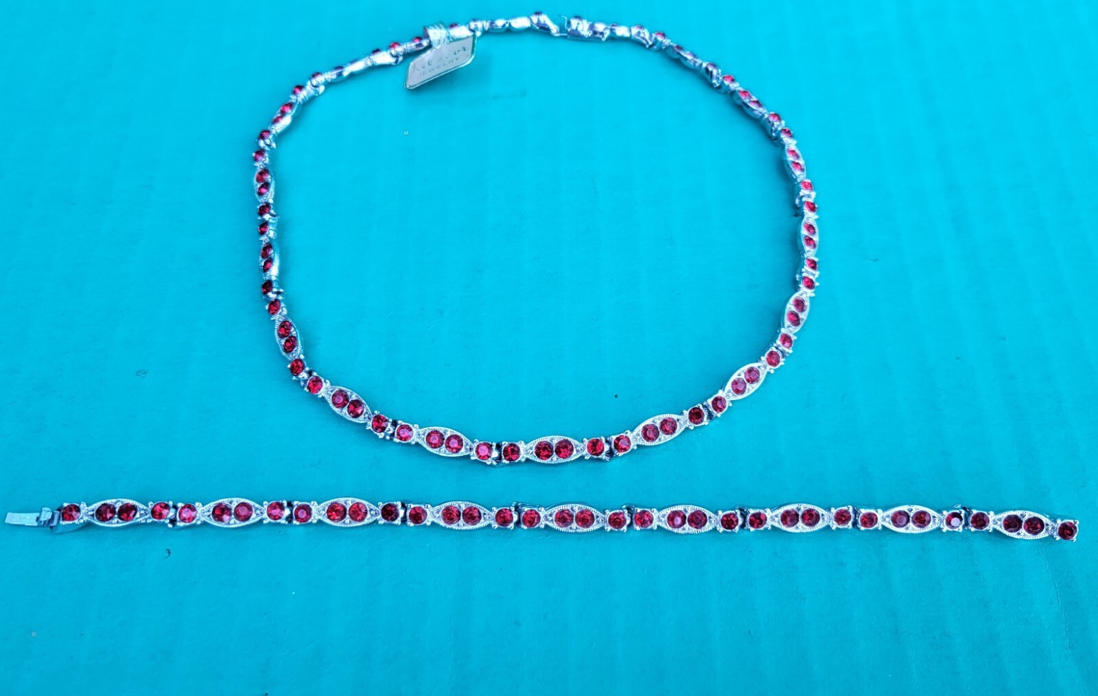 Red Rhinestone Rhodium Choker Necklace & Bracelet Set BEL-COR c1950s NOS Unused