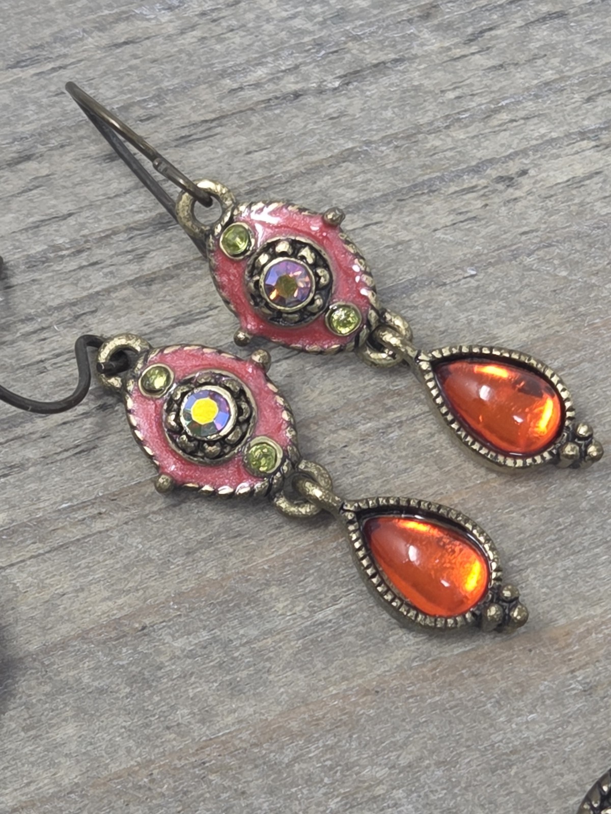 Orange Pink Yellow Y-Drop Necklace & Earring Set Rhinestones Enamel Bronze Tone