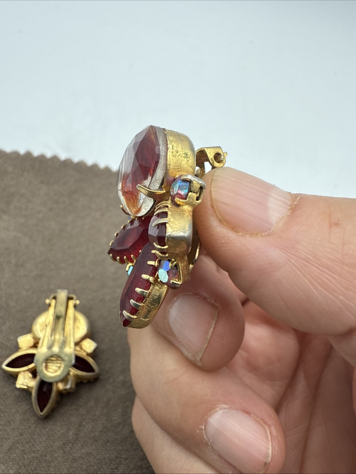 Vintage Red Rhinestone Clip On Earrings Gold Tone Iridescent