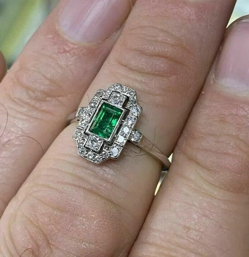 Art Deco Style 1.5Ct Emerald & Lab Created Diamond 925 Silver Engagement Ring