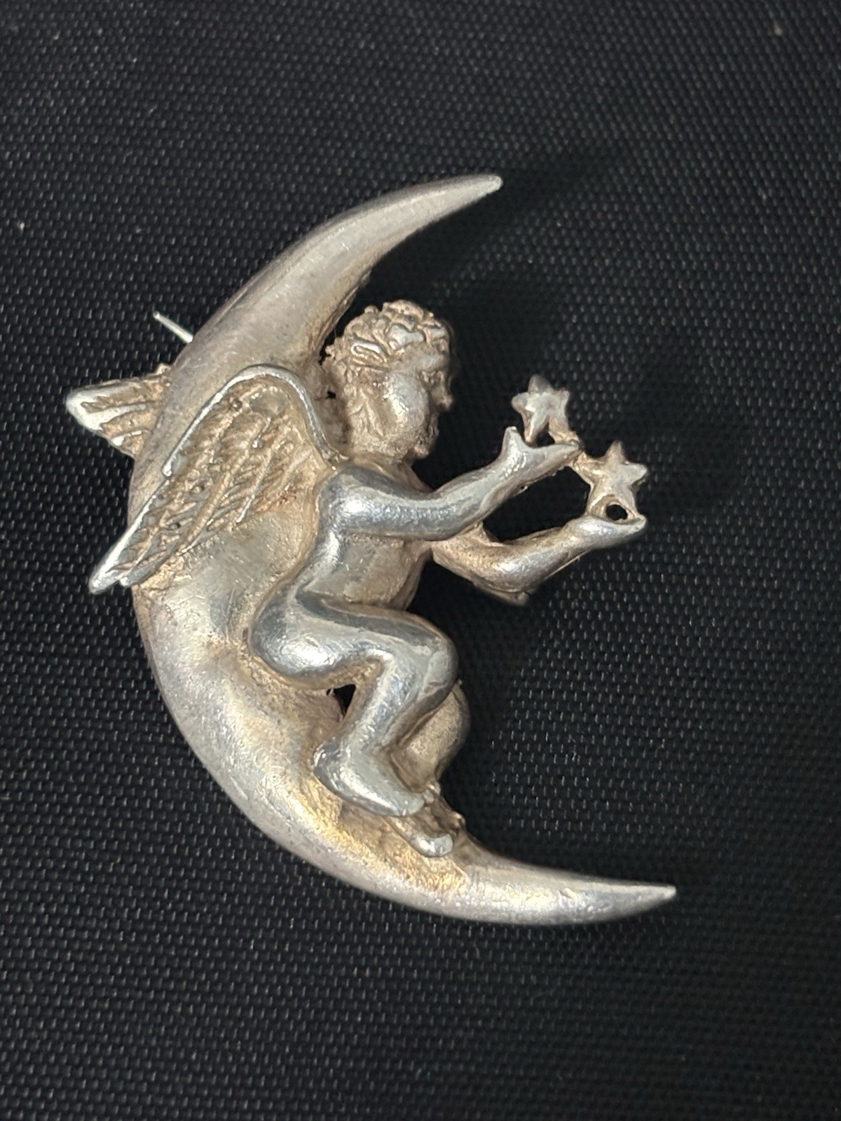 Vintage Sterling Silver Brooch Pendant Cherub Crescent Moon Celestial 8g 1.5”