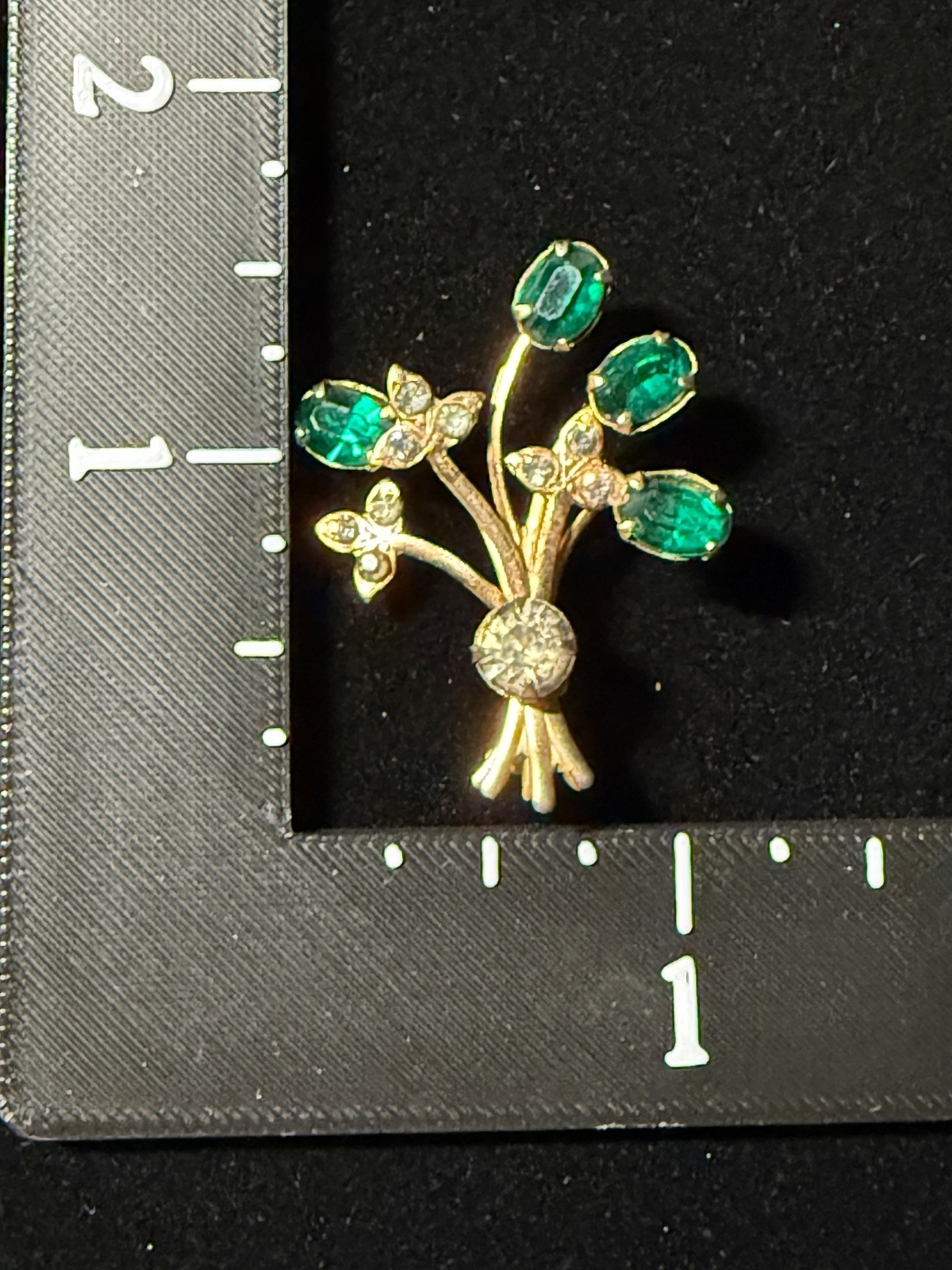 Vintage Pair Scatter Pins Flowers Emerald Green Rhinestones Gold Tone 1940s