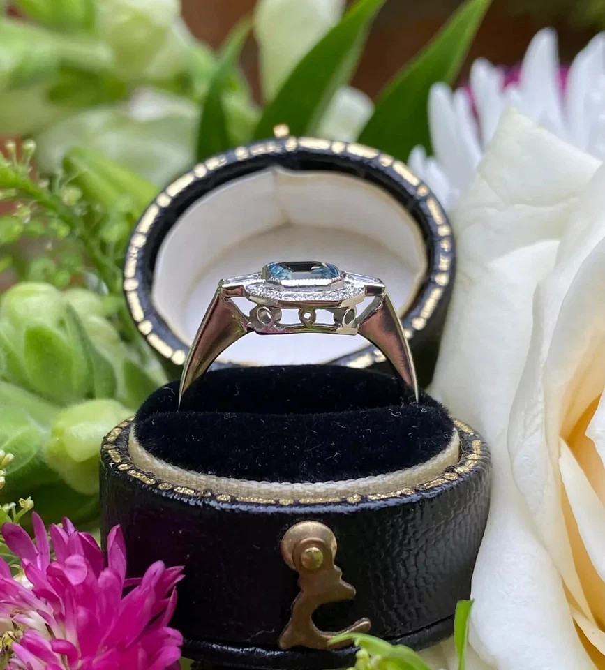Art Deco Style Aquamarine Lab Created Diamond Engagement 14K White Gold FN Ring