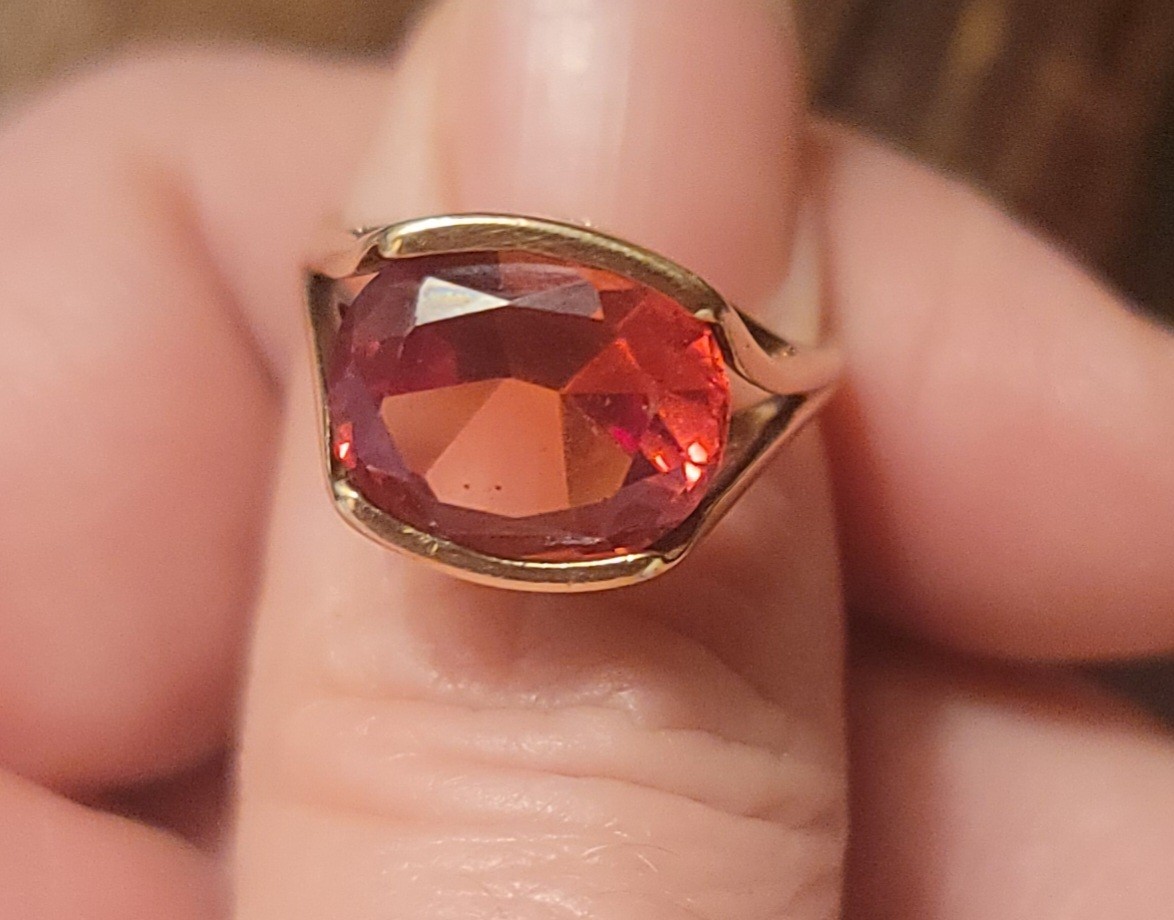 Vintage Mid-Century 14K Vivid Reddish-Orange Sapphire, Approx. 6.00 Carats