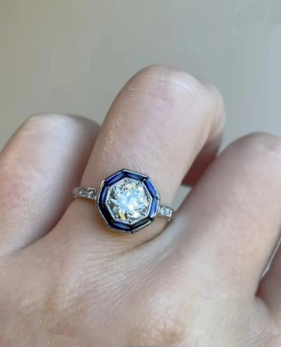 1890’s Moissanite & Blue Sapphire Halo Engagement Ring in 935 Argentium Silver