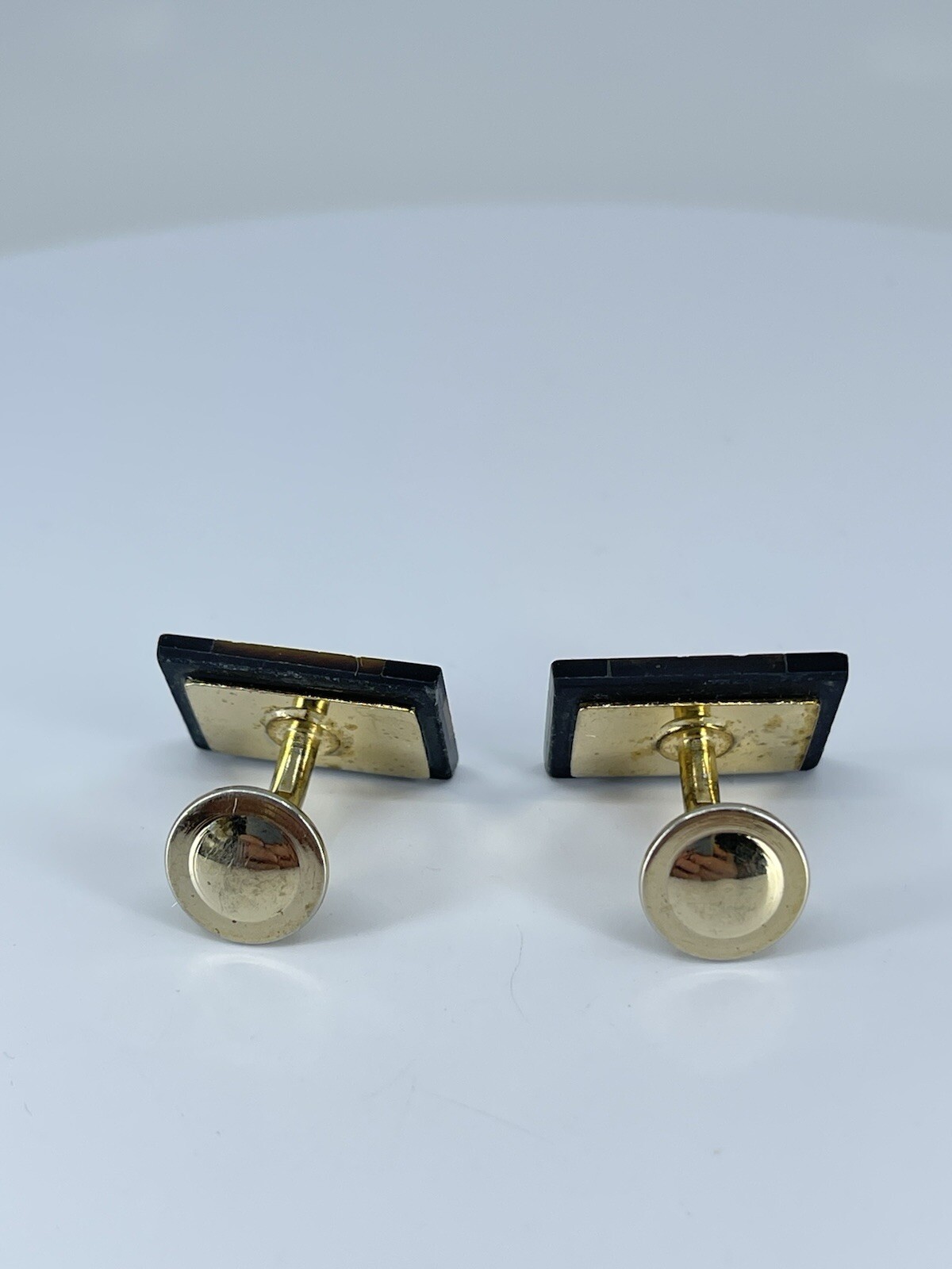 Vintage Onyx Lapis Tigers eye rectangle cufflinks polished gold tone fixed backs