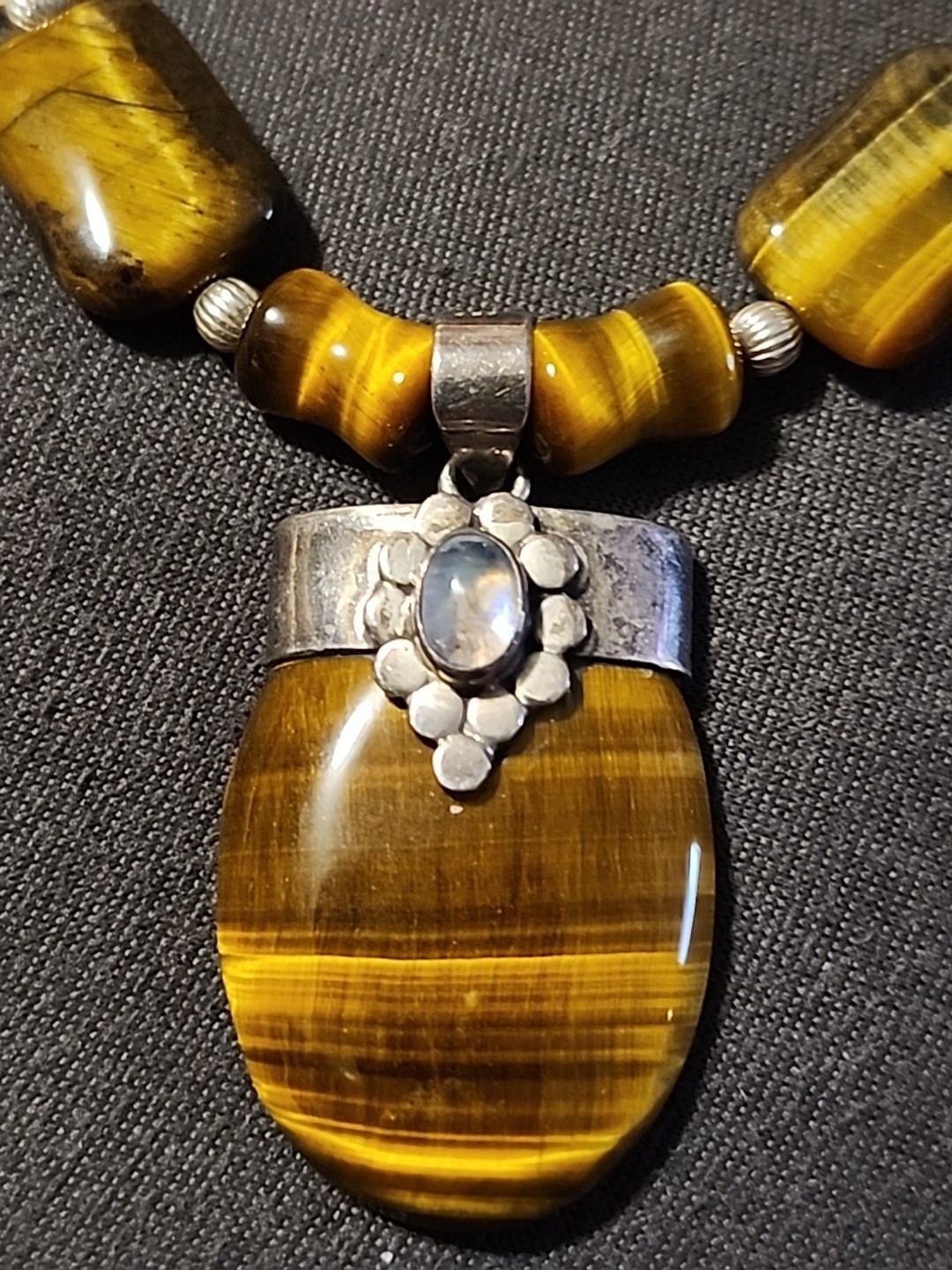 Beautiful Tiger Eye Stone Necklace 24 Inch sterling silver trim