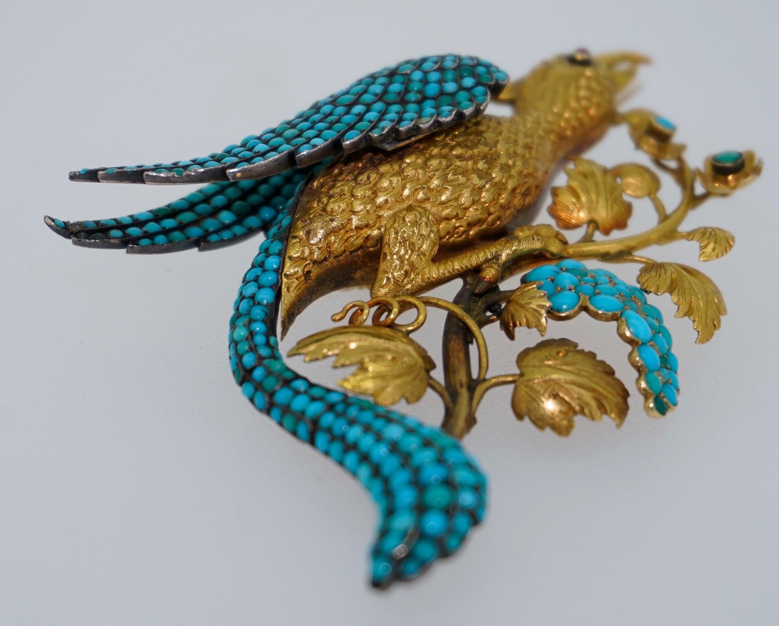 Antique 18K Pave Turquoise & Ruby French Bird Brooch