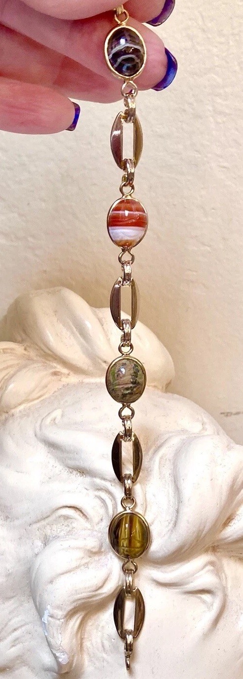 LOVELY Vintage Gold-Filled Agate, Unakite, Etc. Egyptian Scarab Bracelet