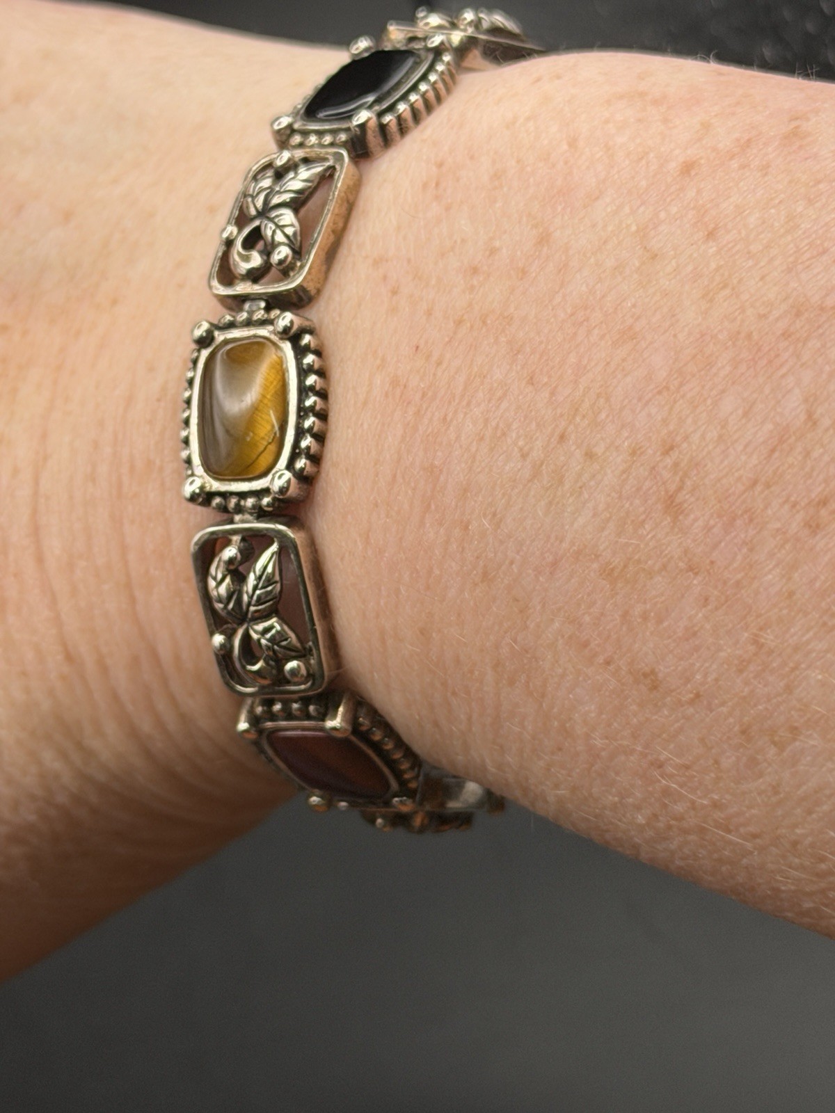Vintage Sterling Silver Multi Stone Bracelet Onyx, Tiger Eye and Red Coral